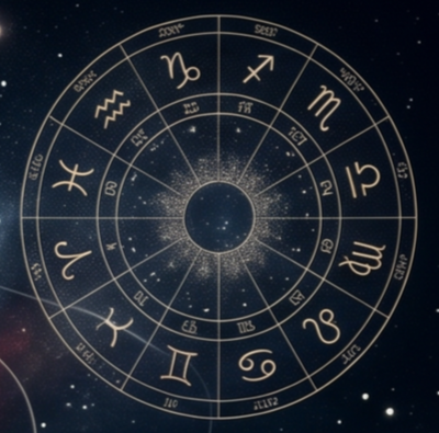 Astrology chart overlayed on a starry night sky