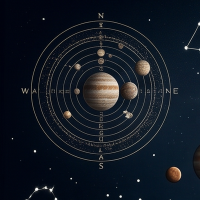 A diagram of the solar system showing planets and their orbits around the Sun, with cardinal directions and some constellation representations in the background.