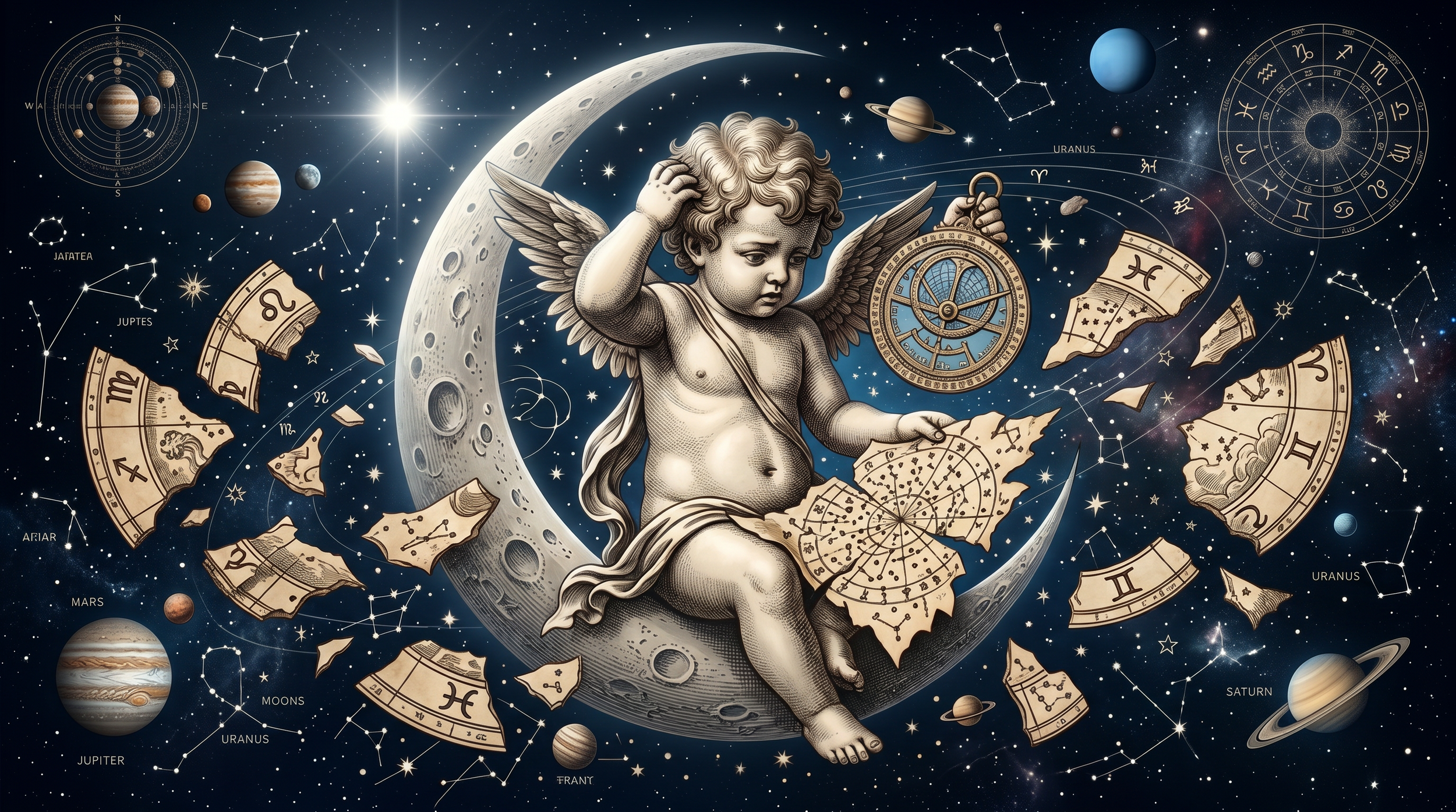 An artistic depiction of a cherub with wings sitting on a crescent moon in space, surrounded by planets, constellations, and zodiac signs.
