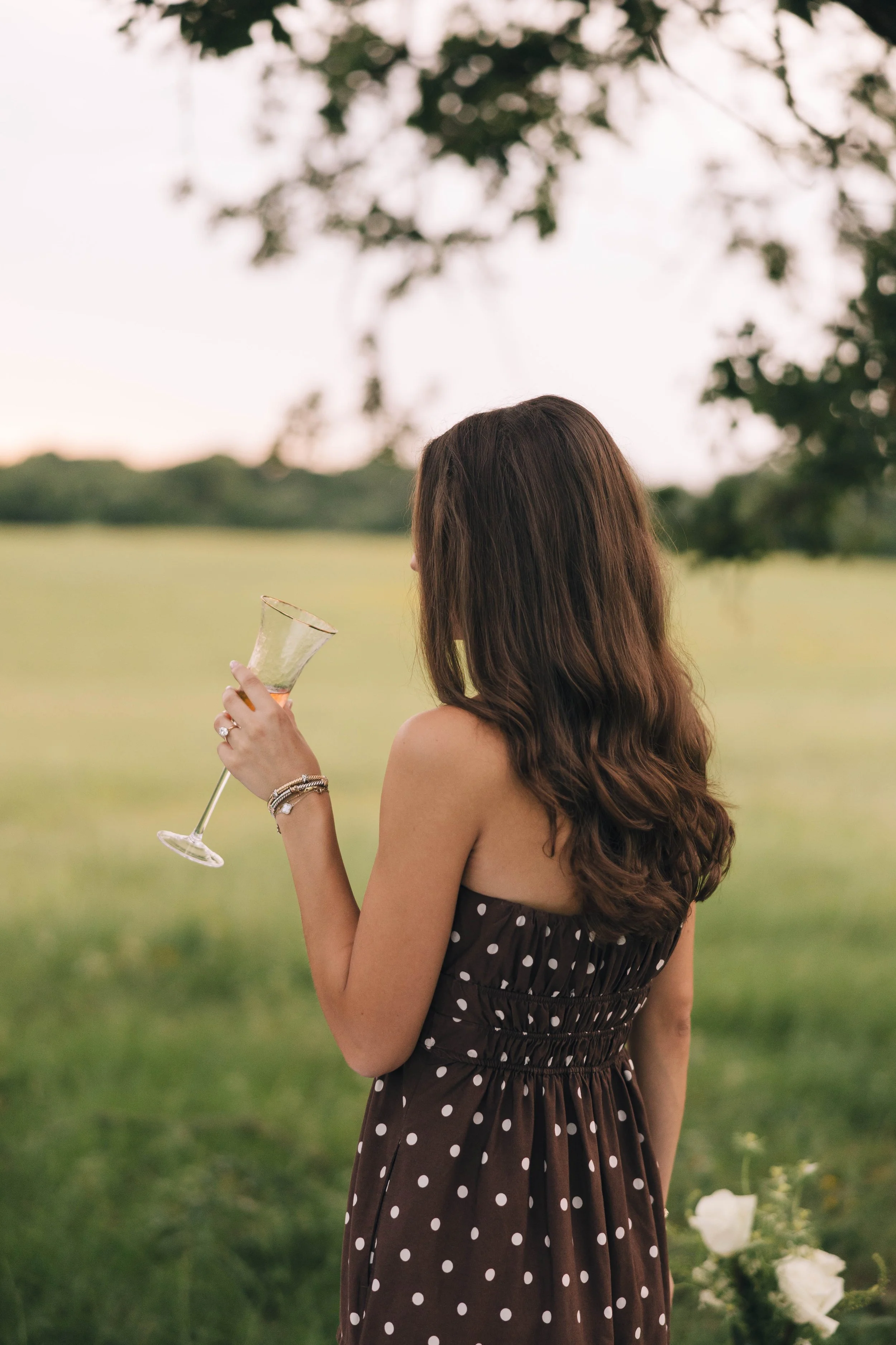 A woman with long brown hair wearing a brown polka dot dress holding a wine glass outdoors in a green field during sunset.