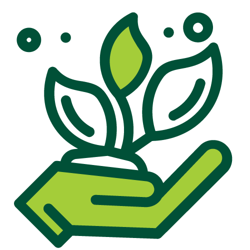 A green hand holding a plant with two leaves and a small bud, representing growth or environmental care.