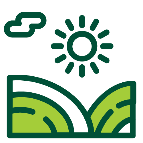 Illustration of a bright sun shining over green rolling hills and a small cloud in the sky.