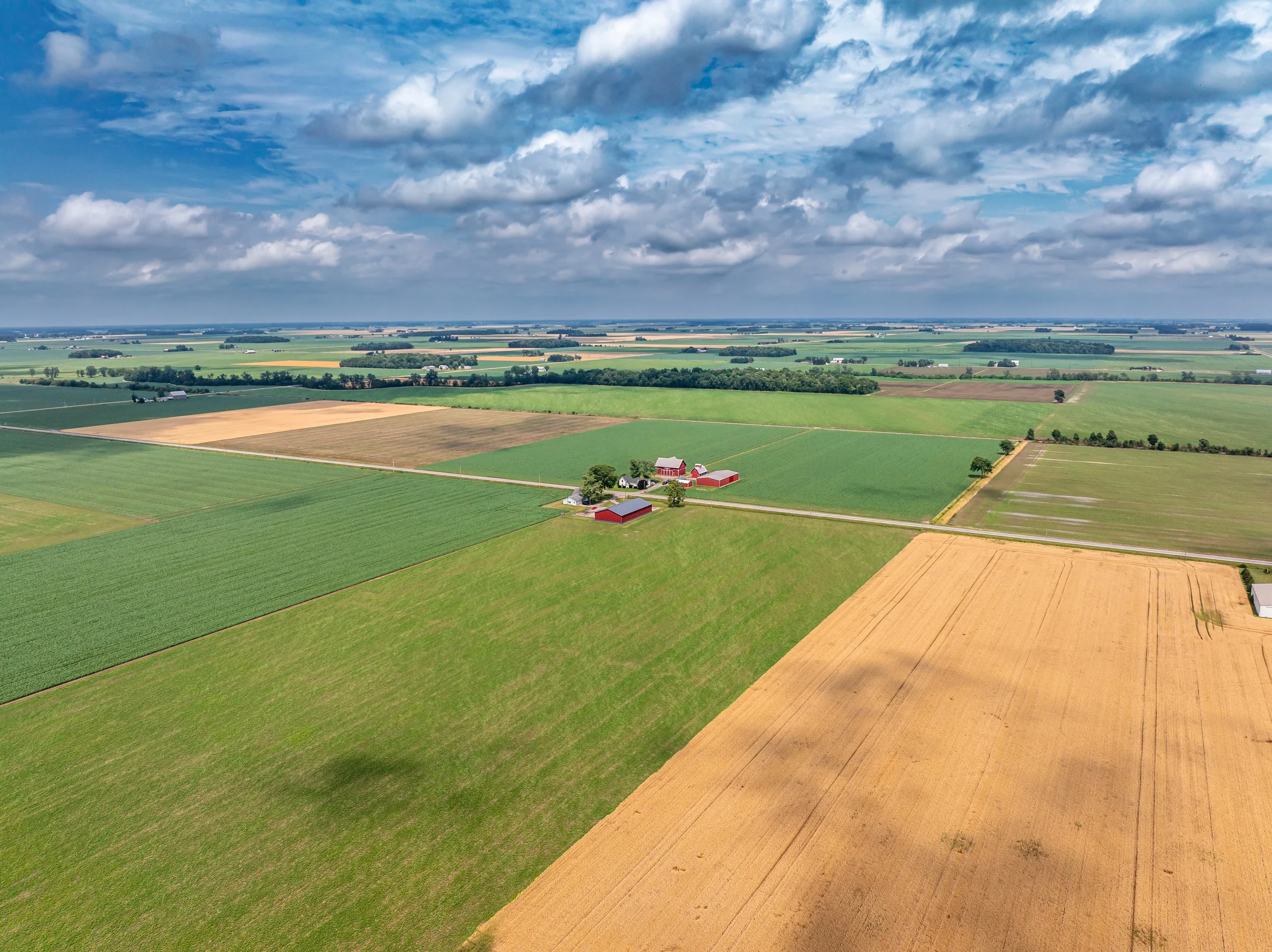 Aerial view of farmland with green and golden fields, farmhouses, barns, and a dirt road under a partly cloudy sky.