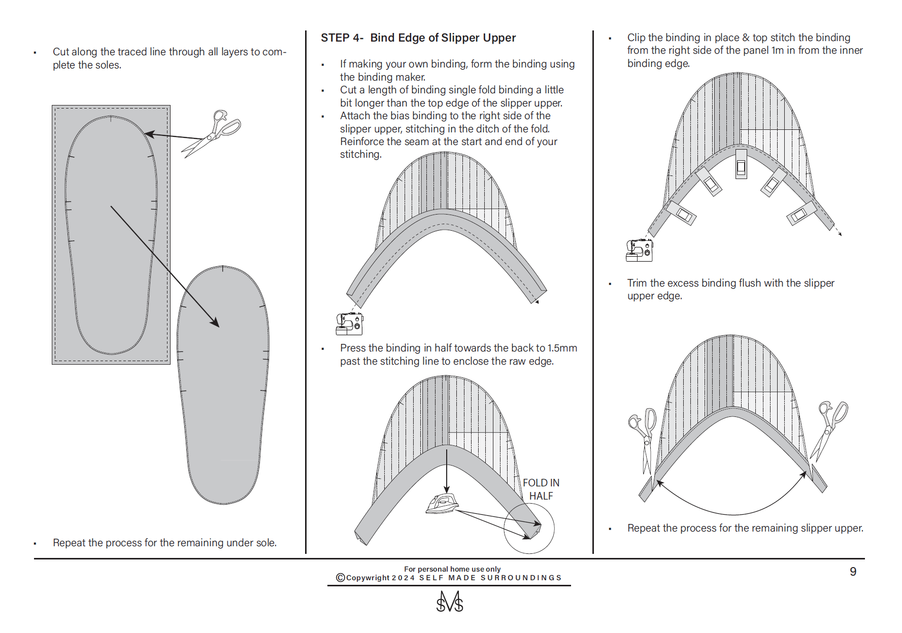 Page of sewing instructions showing detailed steps and diagrams on how to attach a slipper upper to a sole, including cutting, stitching, trimming, and finishing techniques.