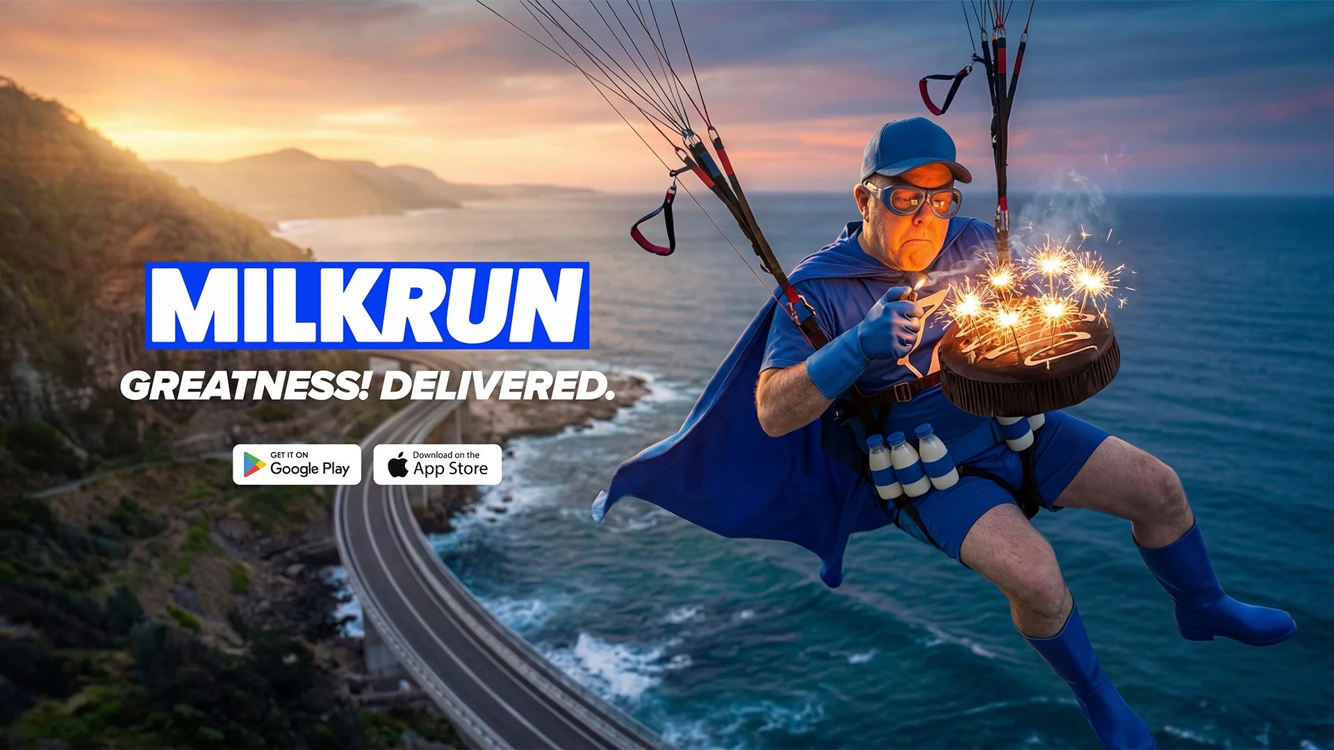 A man dressed as a superhero with netted shorts, blue cape, gloves, and boots, is holding sparklers and flying over an ocean near a cliffside and a curved bridge at sunset, with promotional text and app store icons in the foreground.