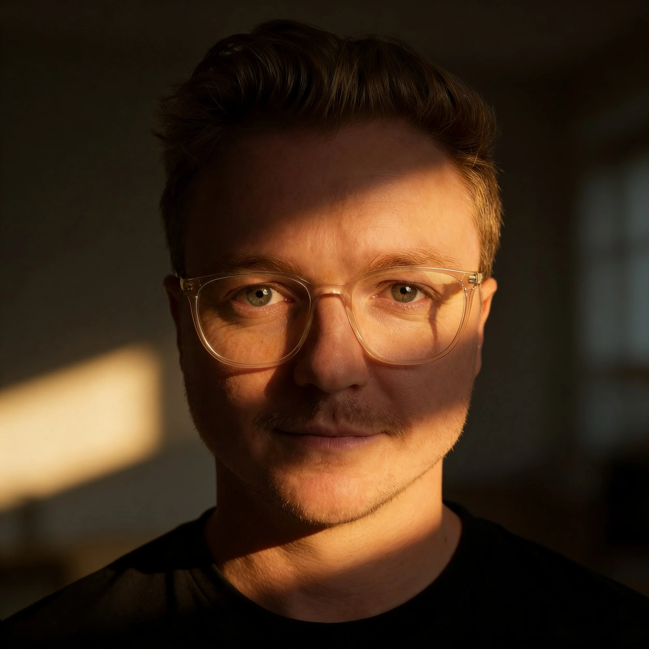 Close-up portrait of a young man with glasses illuminated by warm sunlight.