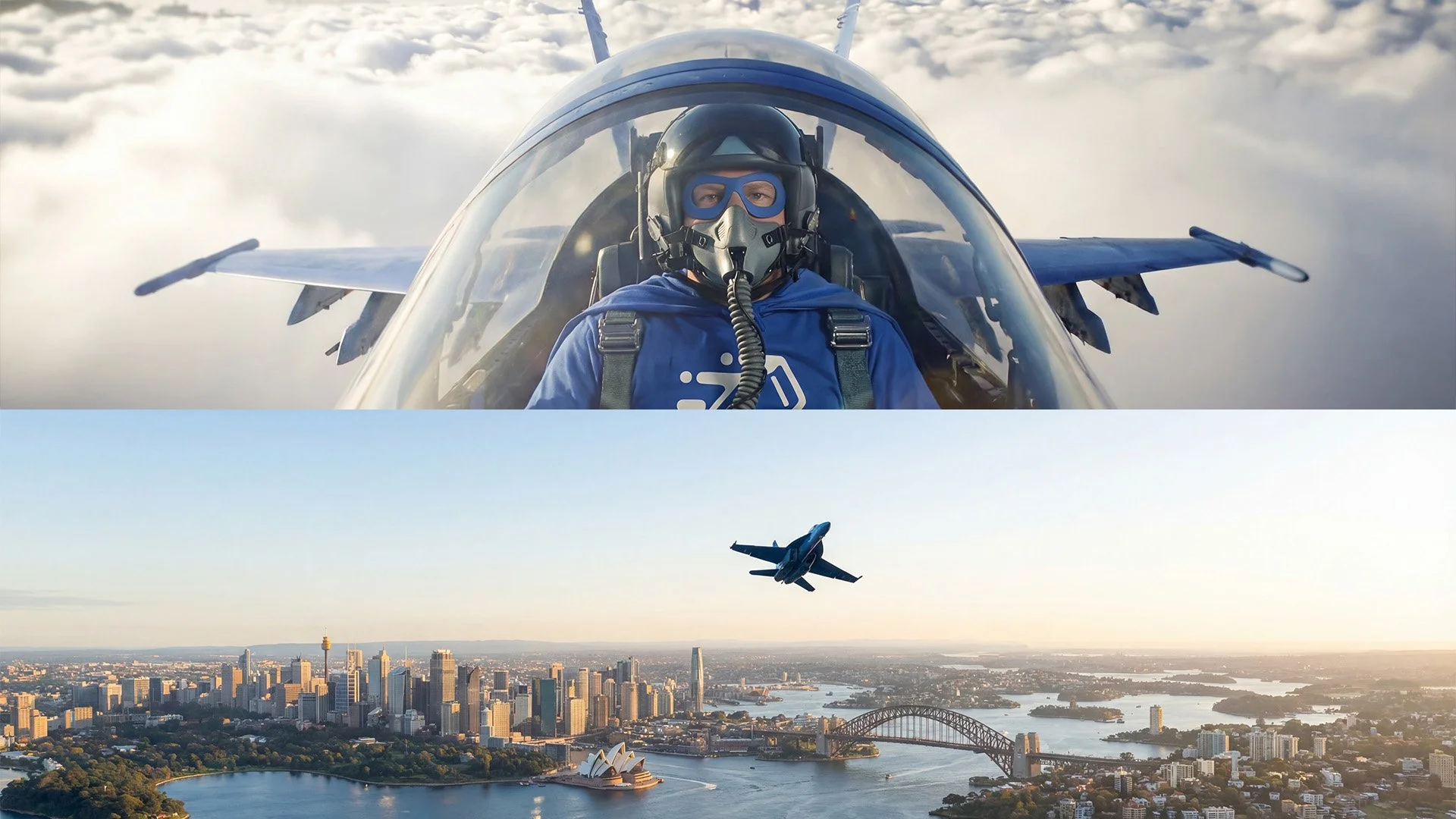 A fighter jet cockpit view of a pilot in full gear, flying over Sydney, Australia with the city skyline, harbor, and Sydney Opera House visible below.