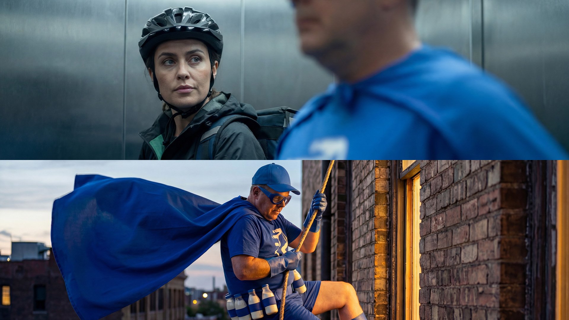 A split-screen image with two scenes. The top scene shows a woman with short hair, wearing a bicycle helmet, a black jacket, and a backpack, looking to her right inside an elevator. The bottom scene features a man with glasses and a red beard dressed as a superhero, wearing a blue cape, t-shirt, shorts, and gloves, climbing into a brick building through a window at dusk, with cityscape in the background.