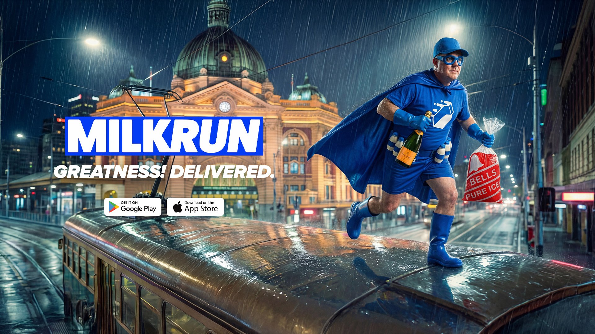 A man dressed as a milkman delivering ice cream and champagne on a rainy city street at night, standing on top of a tram, with a historic building in the background and promotional text for MilkRun app.