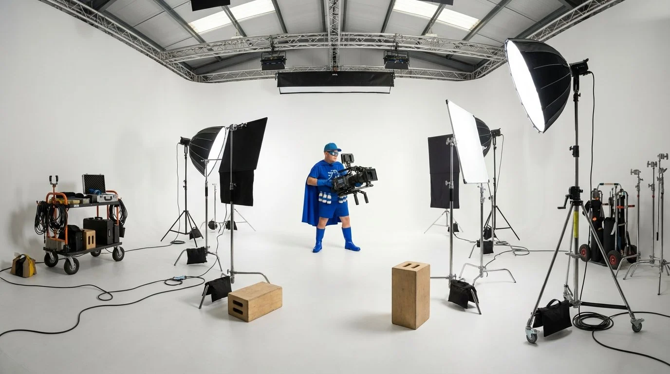 A person dressed as a superhero in a blue costume and cape, holding a camera in a professional photography studio with lighting equipment and a white background.