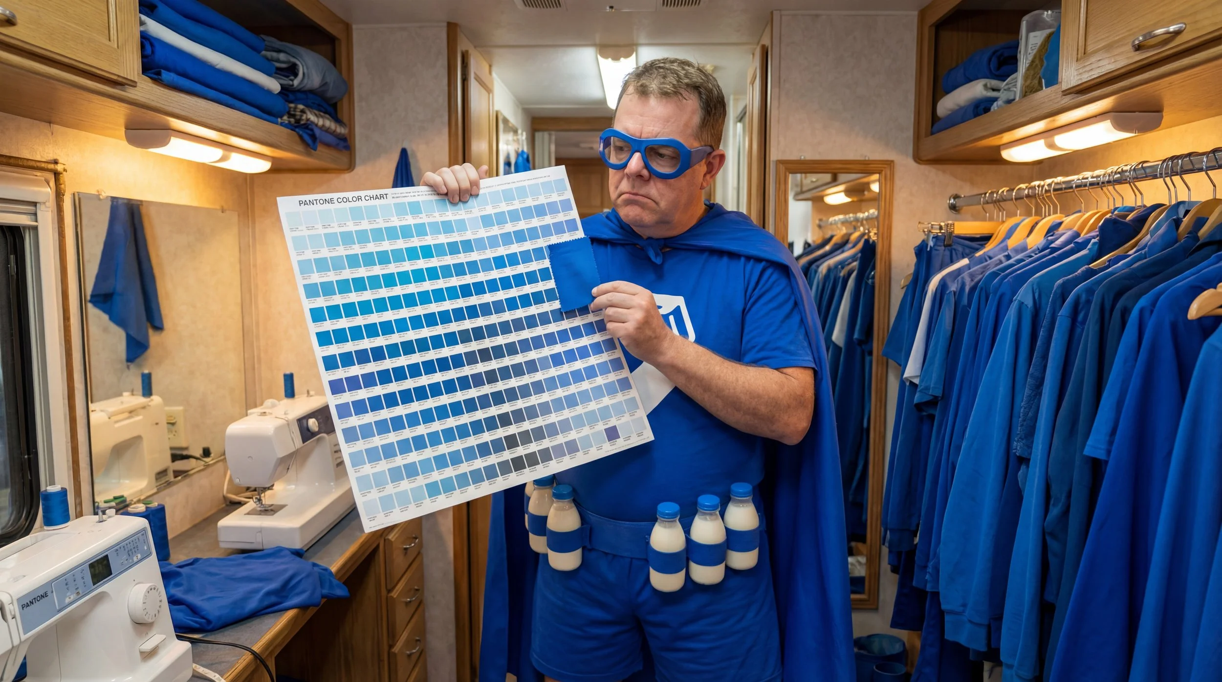 Man dressed as a superhero in a blue costume examining a Pantone color chart in a room filled with blue clothing and sewing equipment.