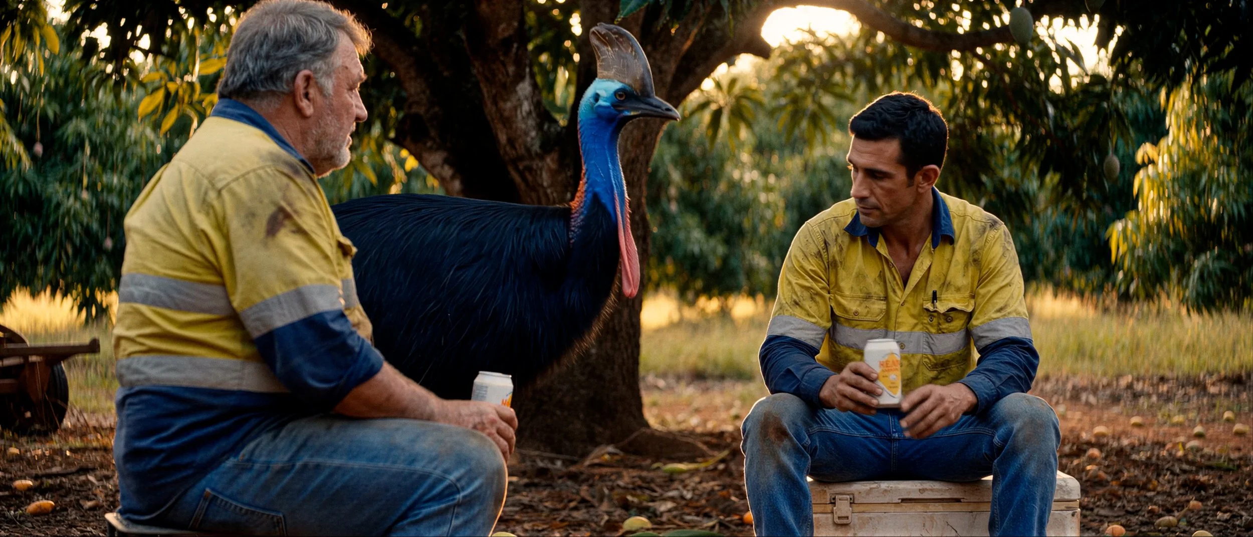 Two men in yellow work uniforms sitting outdoors under a tree, having a conversation. A large colorful cassowary bird stands between them, facing one of the men. The scene is set during sunset or sunrise, creating warm lighting.