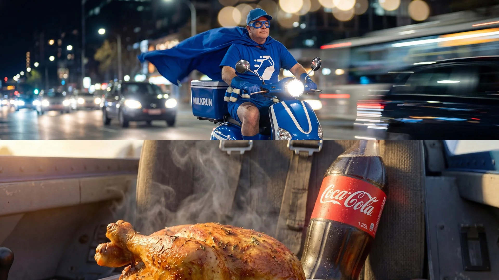 Top half: A man dressed as a superhero riding a blue scooter at night in an urban traffic scene. Bottom half: A cooked chicken and a bottle of Coca-Cola inside a vehicle, with the background showing a luggage compartment.