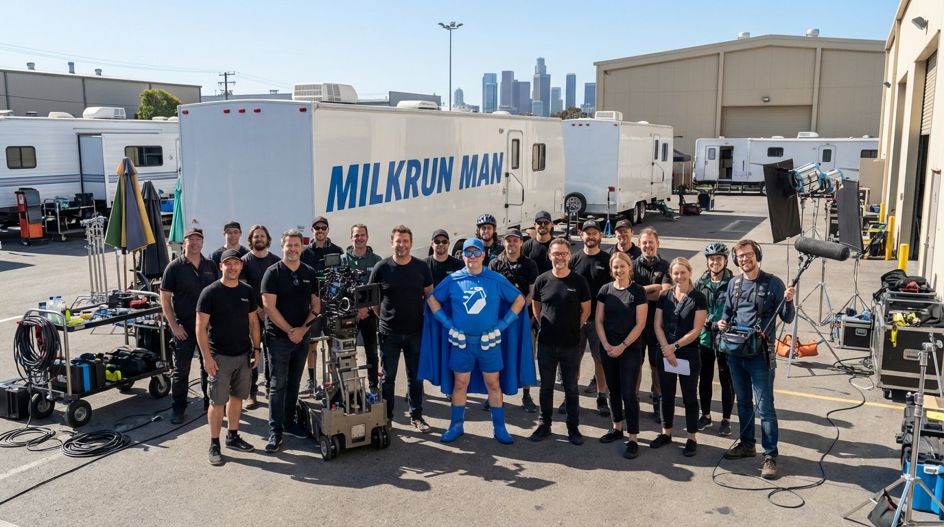 Group of people, including someone dressed as a milk carton superhero, standing in a parking lot with filming equipment, trailers, and city skyline in the background.