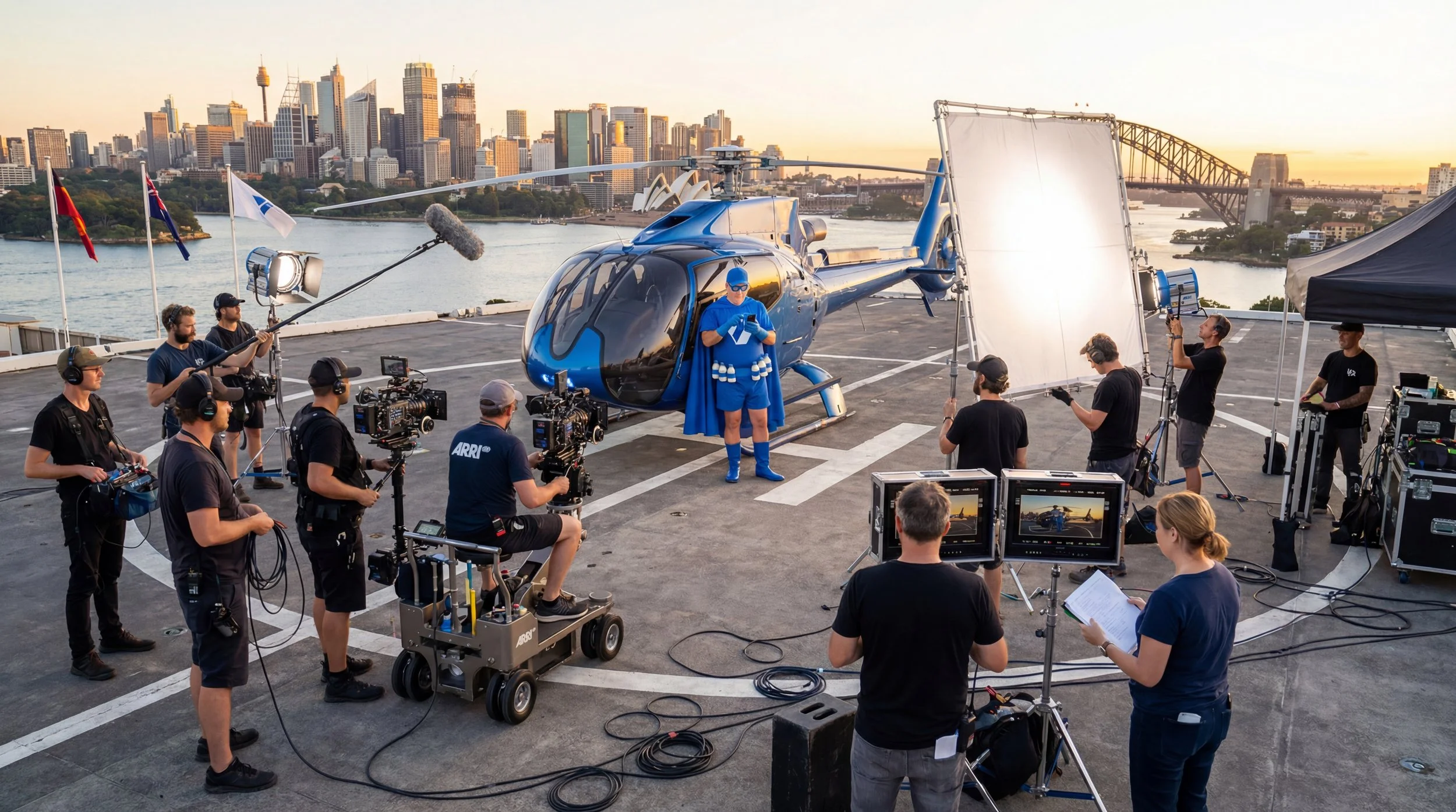 Filming crew and equipment on a rooftop helipad with a helicopter, city skyline, and Sydney Harbour Bridge in the background, during sunset.