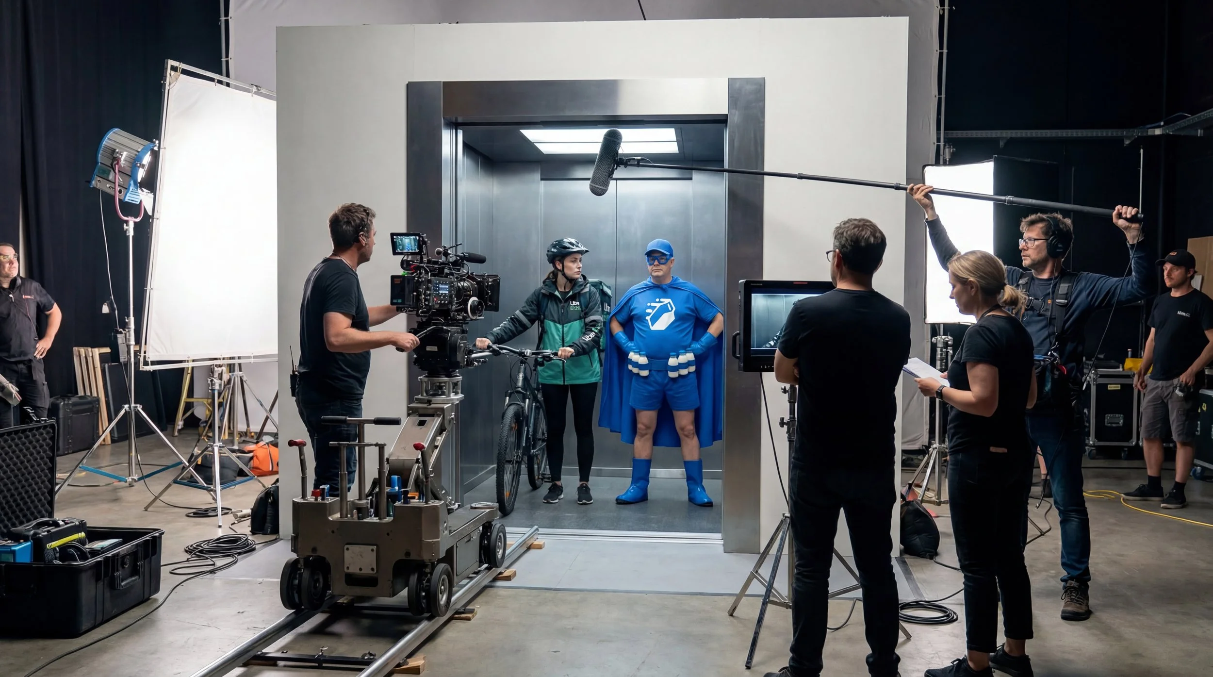 Film crew shooting a scene in an elevator with two people dressed as superheroes, one in a bicycle helmet and the other in a blue costume with a cape.