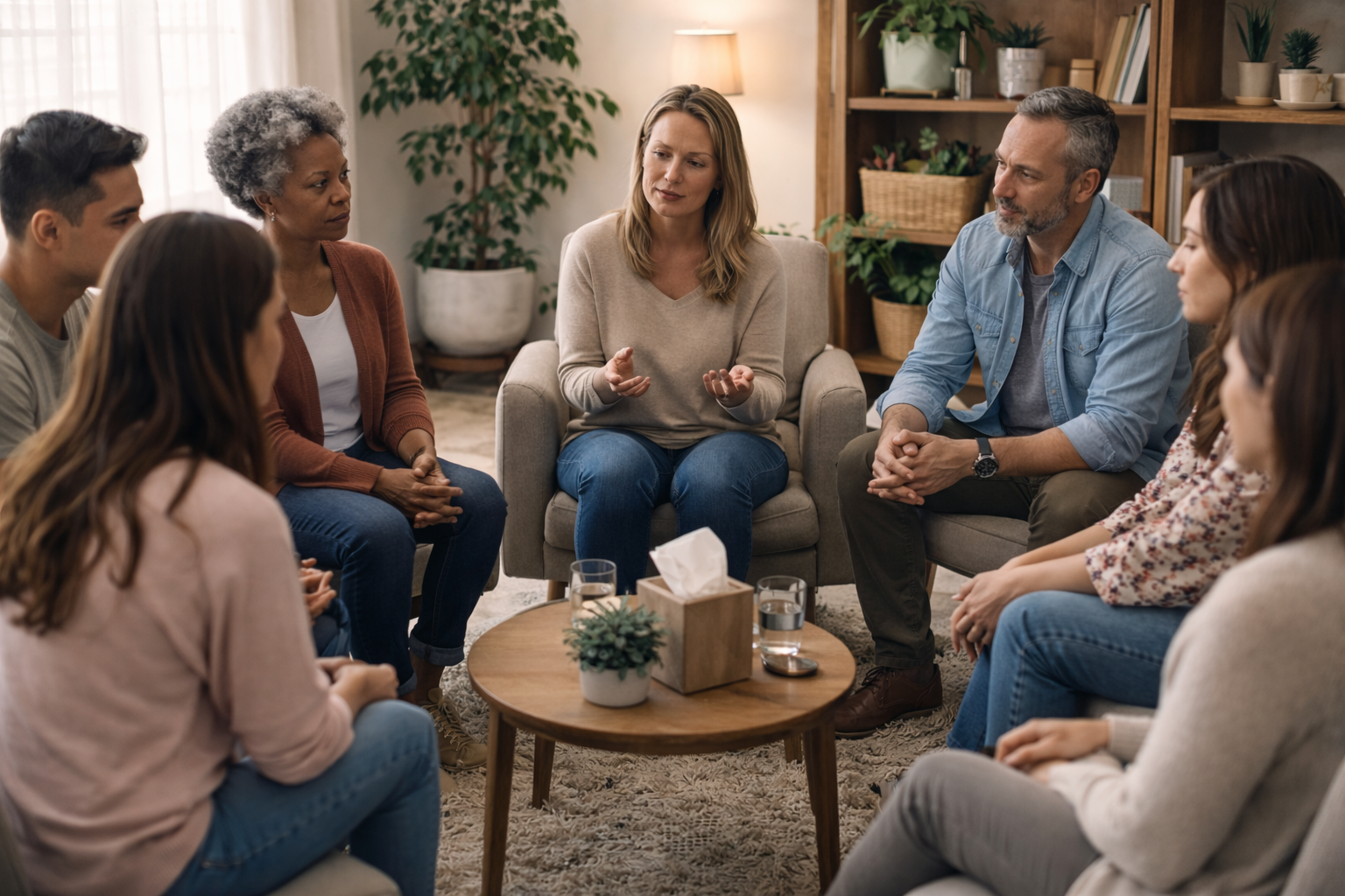 A diverse group of seven people seated in a circle having a discussion in a cozy living room with houseplants and wooden bookshelf in the background.