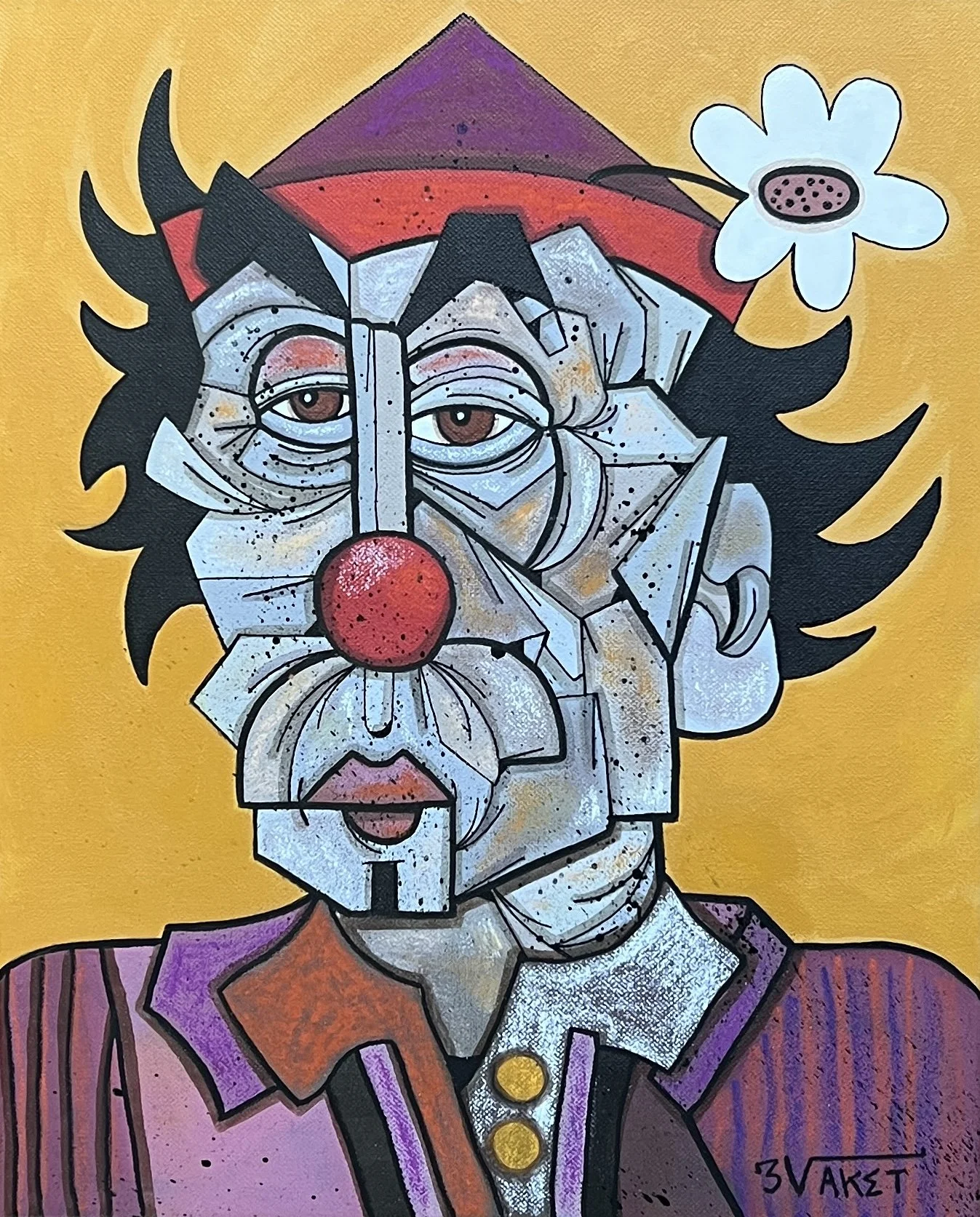 Portrait cubiste d'un clown avec un nez rouge, une fleur blanche dans les cheveux noirs, et un costume violet et rose, sur un fond jaune.