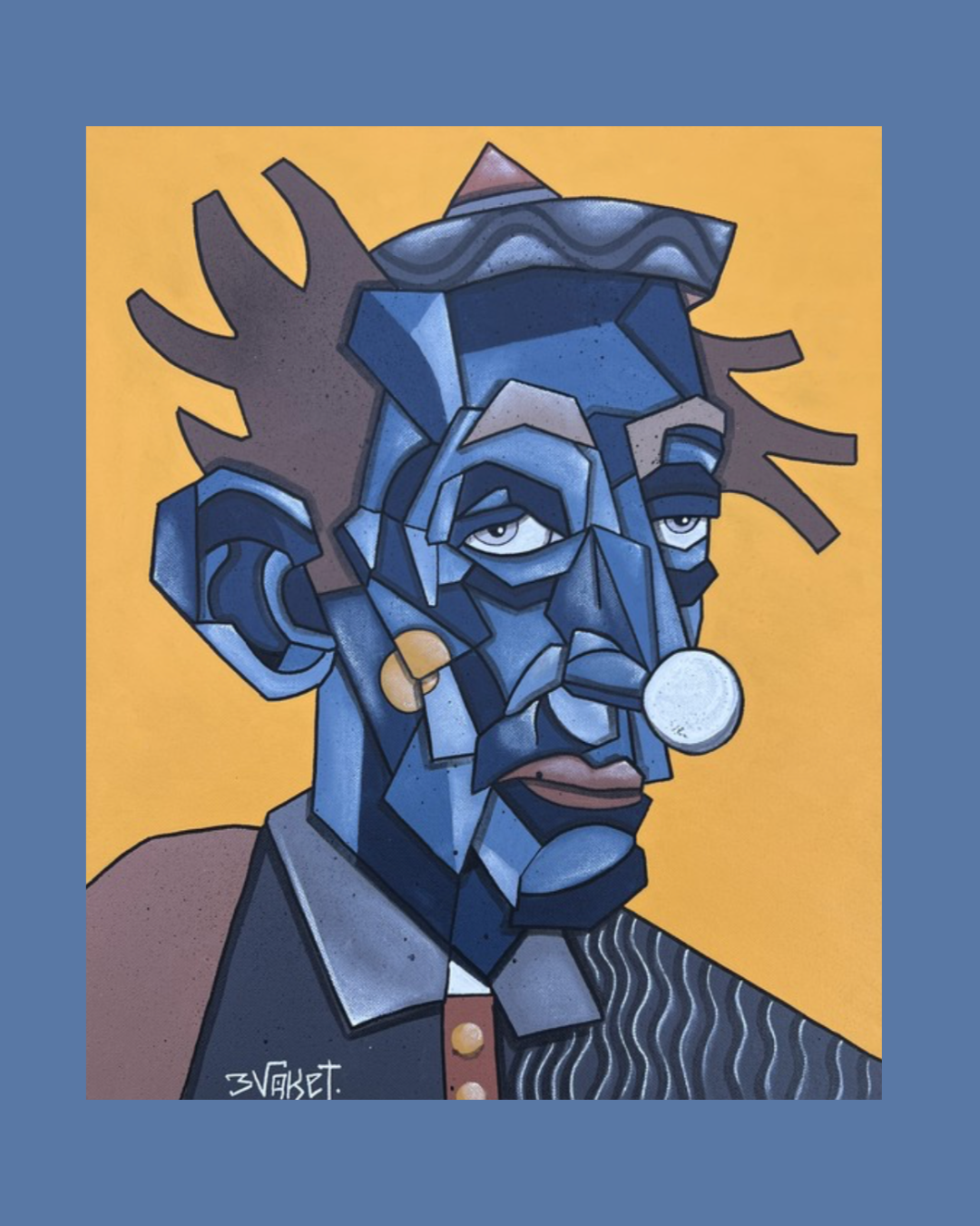 Portrait dans un style cubiste abstrait d'un homme avec des yeux à moitié fermés, portant un costume, avec un cercle blanc devant la bouche, des cheveux bruns et une peau bleue, sur un fond jaune.