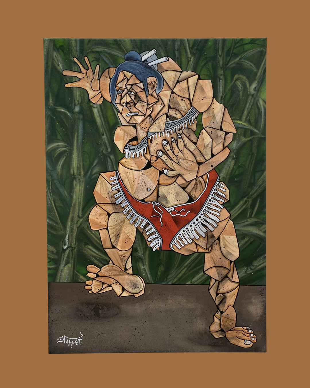 Peinture représentant un personnage humanoïde avec une peau en forme de fragments de roche, avec des cheveux noirs, portant un vêtement rouge avec des motifs blancs. Le personnage a une expression de douleur ou de surprise, avec un environnement vert