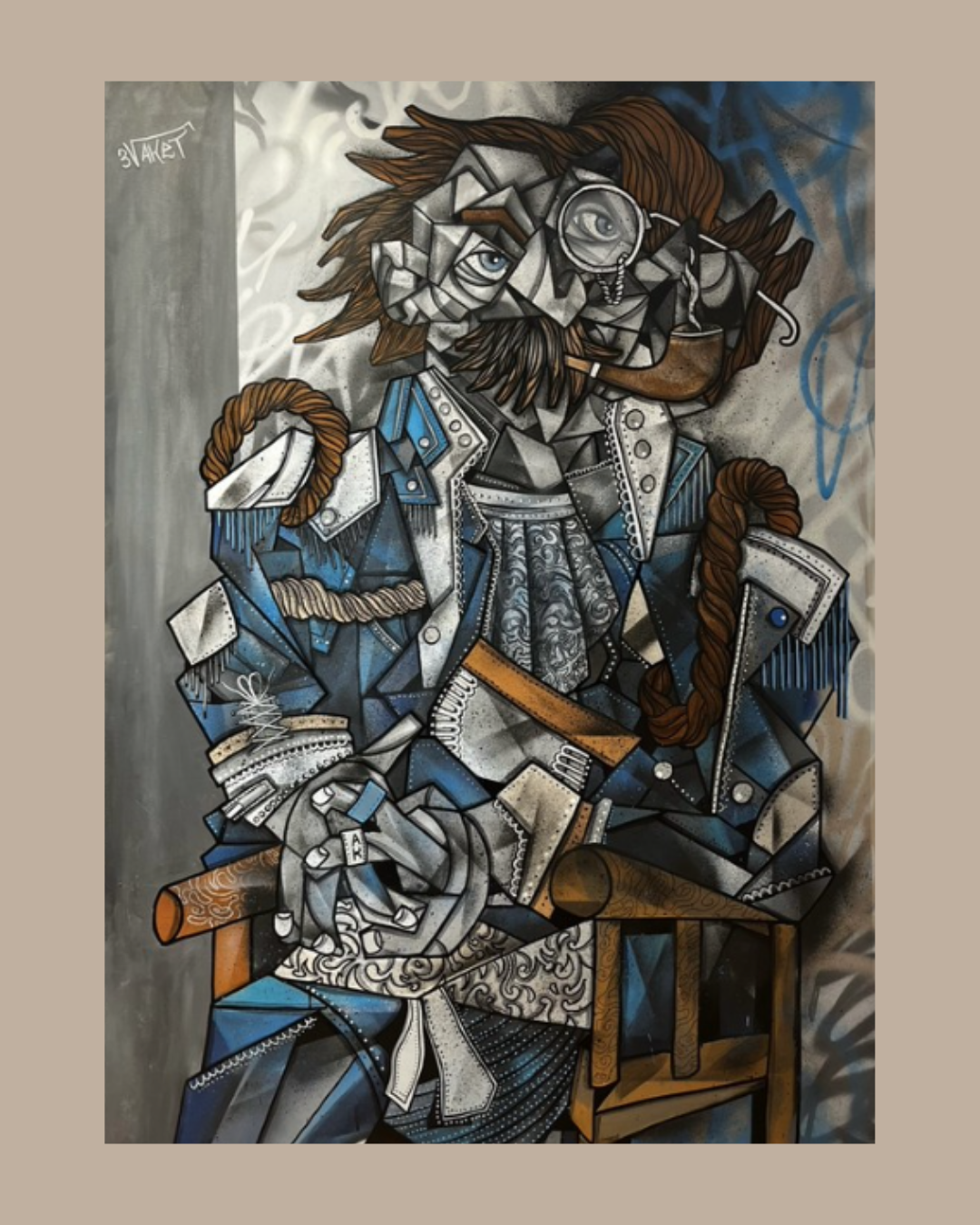 Une œuvre d'art de style graffiti représentant un homme avec une barbe, des cheveux longs et raides, portant une veste, une chemise à motifs, avec une pipe en bois, des bijoux, et assis sur une chaise, dans un style cubiste avec des formes géométriqu