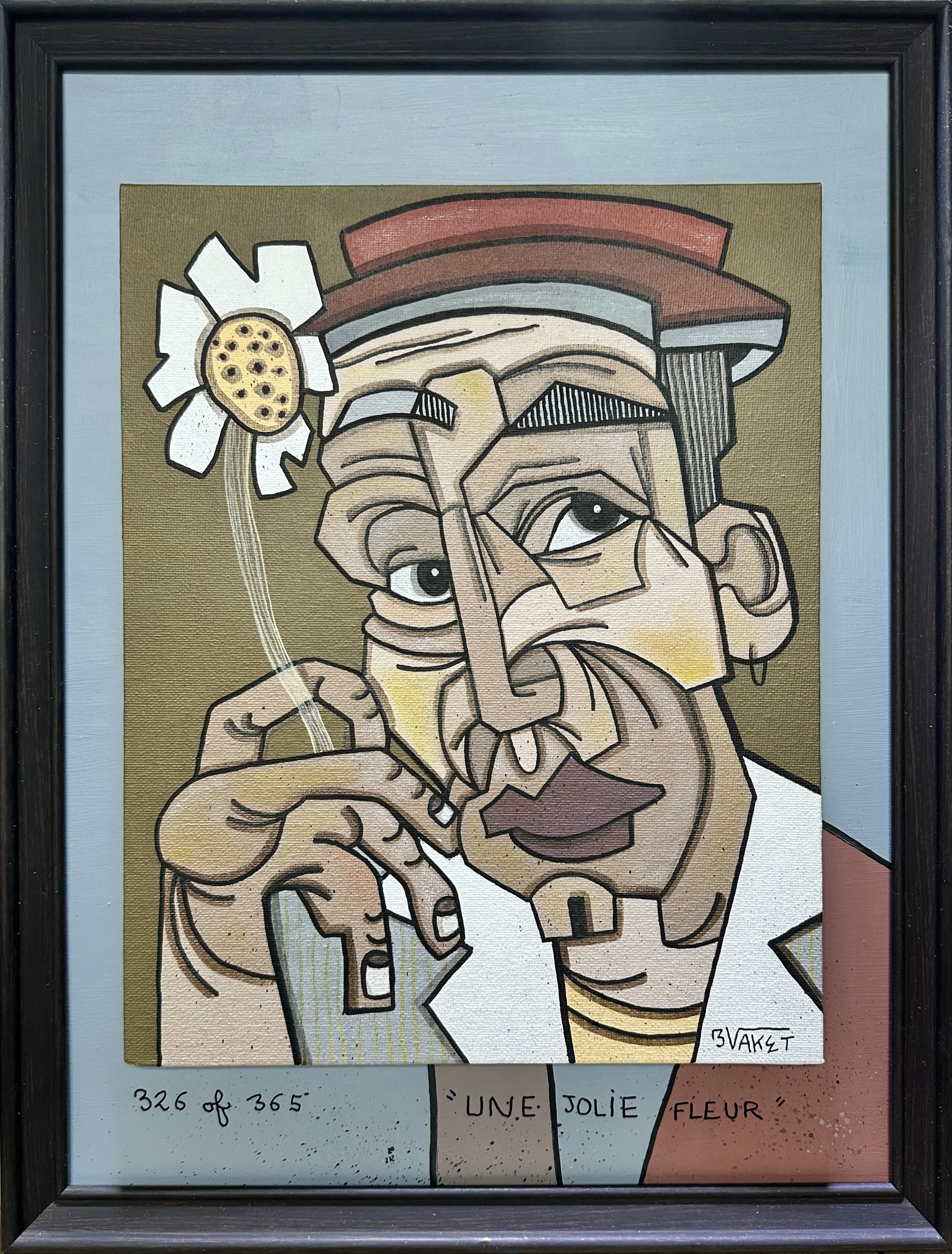 Peinture dans un style cubiste représentant un homme avec un chapeau rouge, une cigarette, une fleur, et un earring, avec un fond gris clair.
