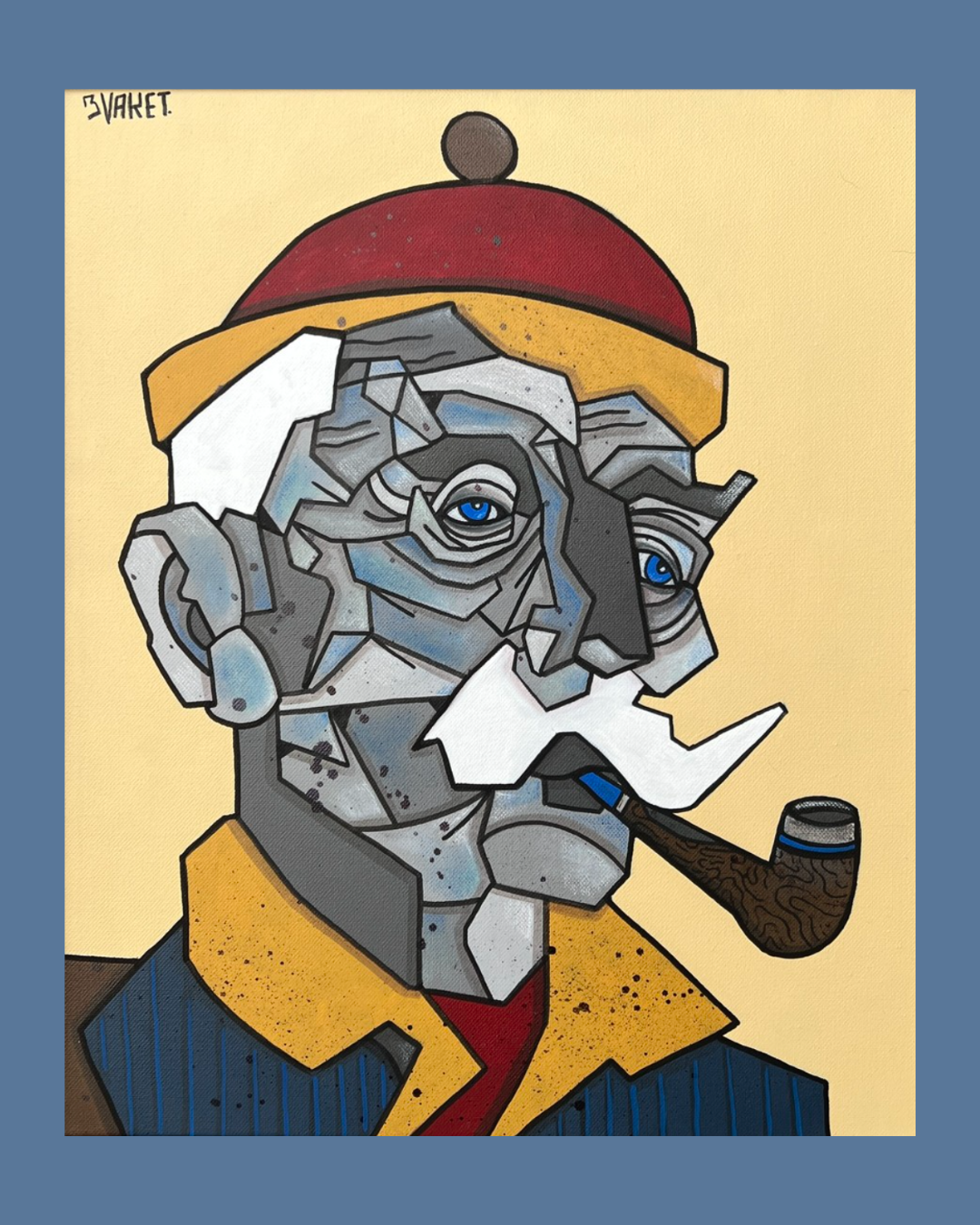 Une peinture stylisée d'un vieil homme en art cubiste, avec un chapeau rouge et une pipe, ayant des yeux bleus et une barbe blanche.