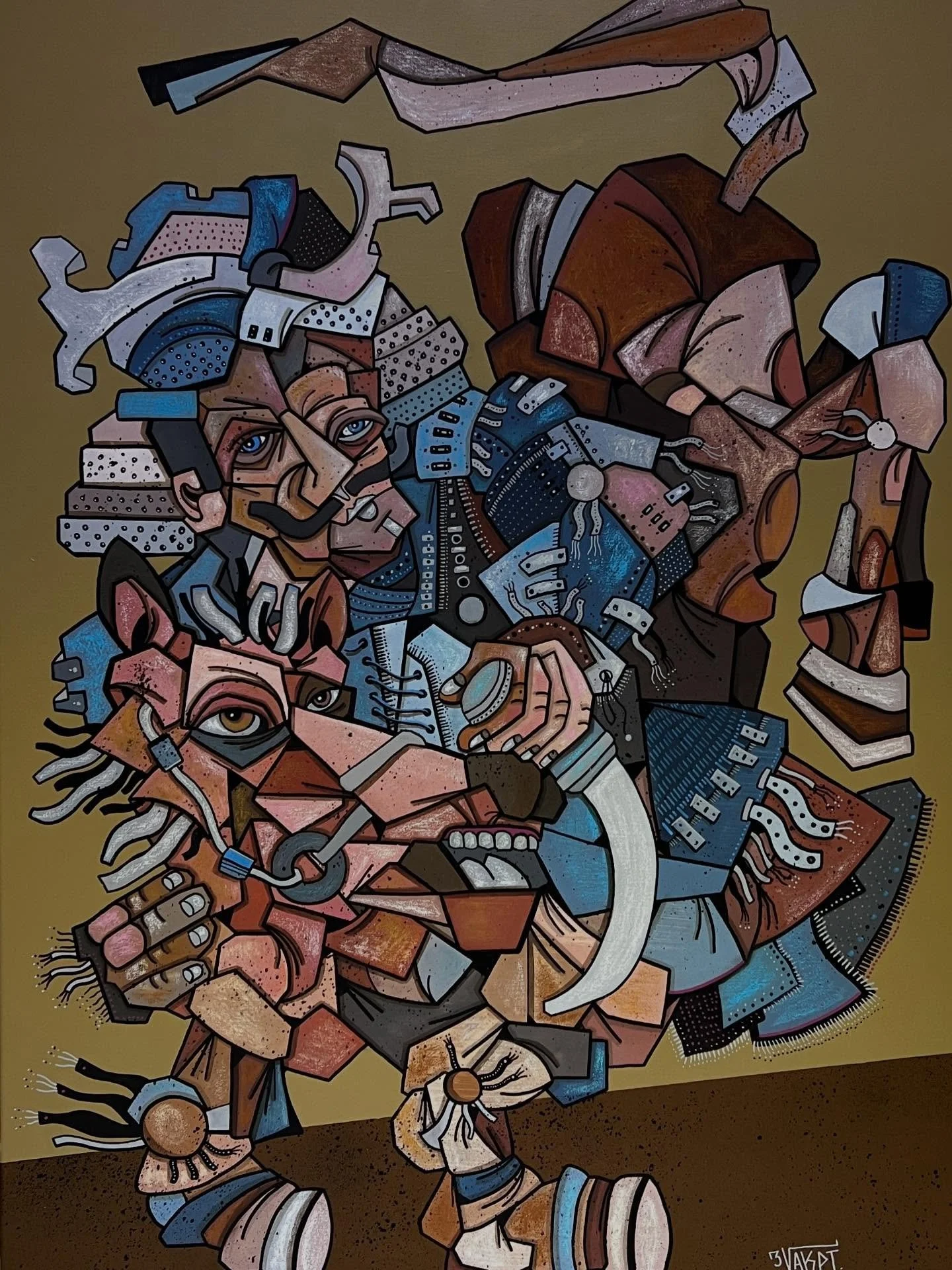 &laquo;&nbsp;Combat mont&eacute; et tachi&nbsp;&raquo;
116x81cm
Acrylique spray pastel 

The samurai, an emblematic figure of resilience and duty, appears as a living poem: a poignant duality unfolds within him, between the blazing violence of battle