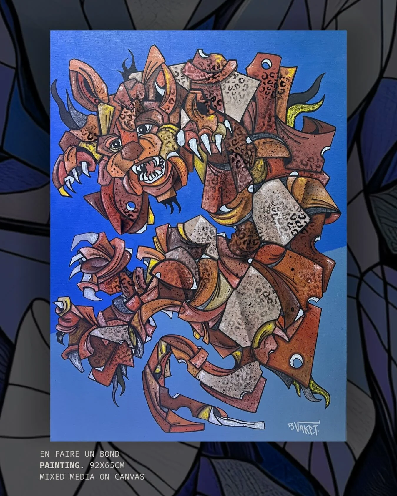 En faire un bond 
Dimensions : 92x65 cm
Themed : animal&rsquo;s
Acrylique, spray, A&eacute;rographe, huile

#serval #cubisme #painting