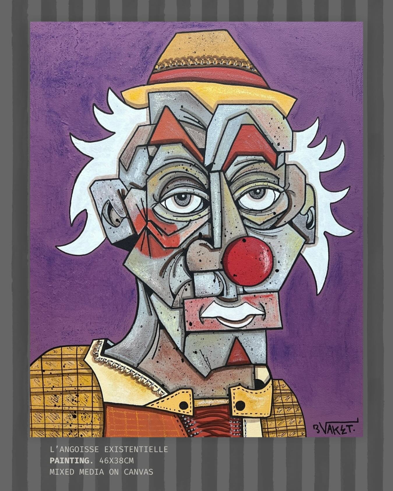 L&rsquo;angoisse existentielle 
Dimensions : 46x38cm 
Acrylique , spray, A&eacute;rographe

#cubism #clowns #bernardbuffet