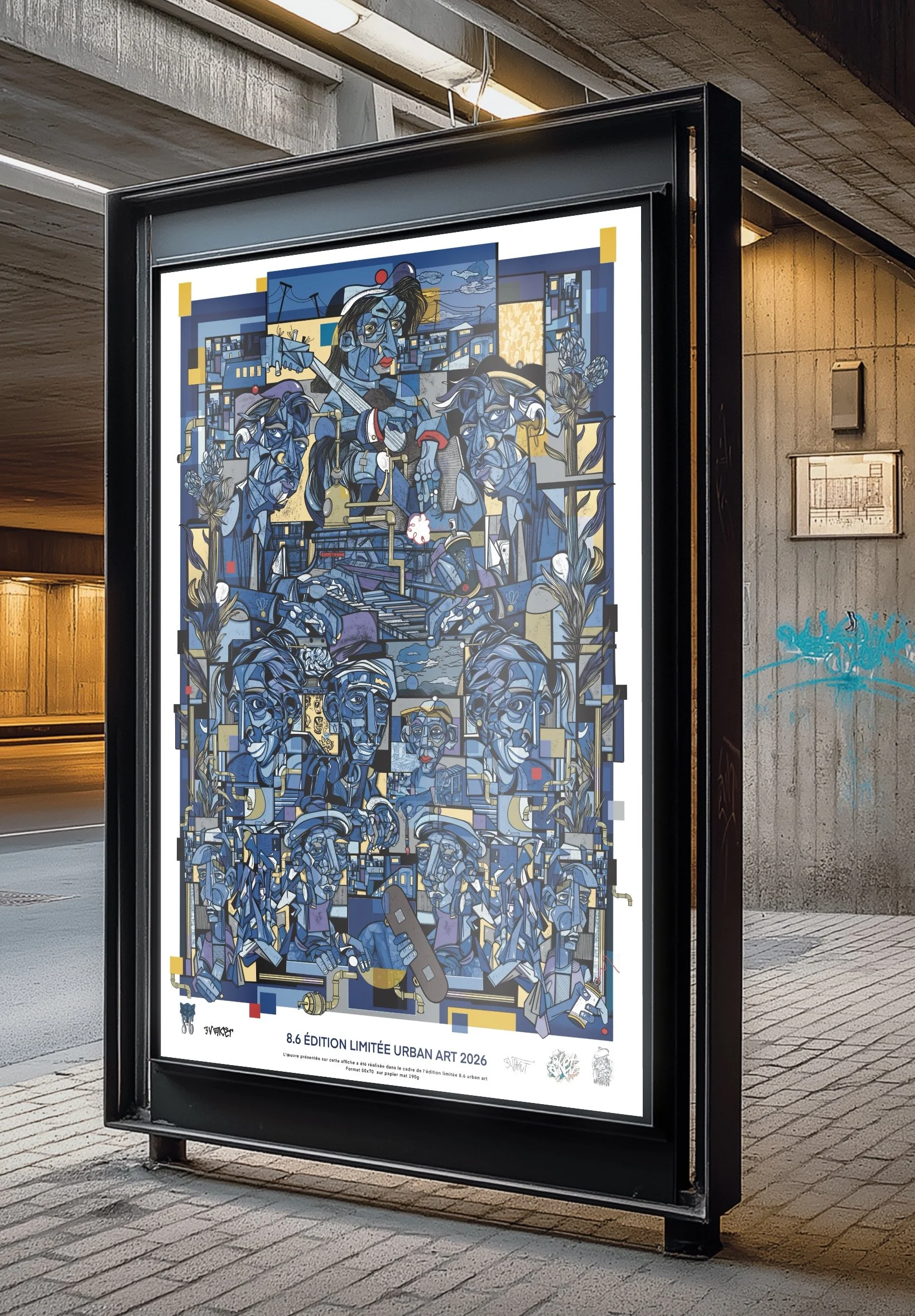 Une affiche d'art urbain colorée avec des portraits stylisés de plusieurs personnes, des éléments géométriques et des détails artistiques, dans un cadre noir, sous un pont ou une infrastructure urbaine.