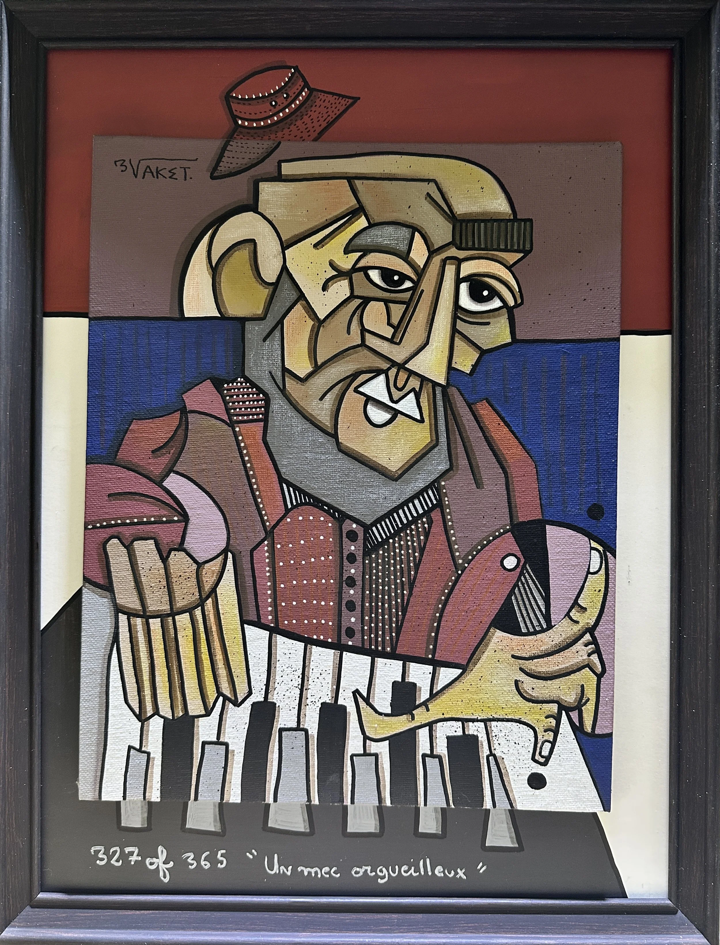 Peinture représentant un homme avec des traits cubistes jouant du piano, avec un chat dans ses bras, portant un chapeau rouge. Texte en dessous : "327 of 365 Un mec orgueilleux".