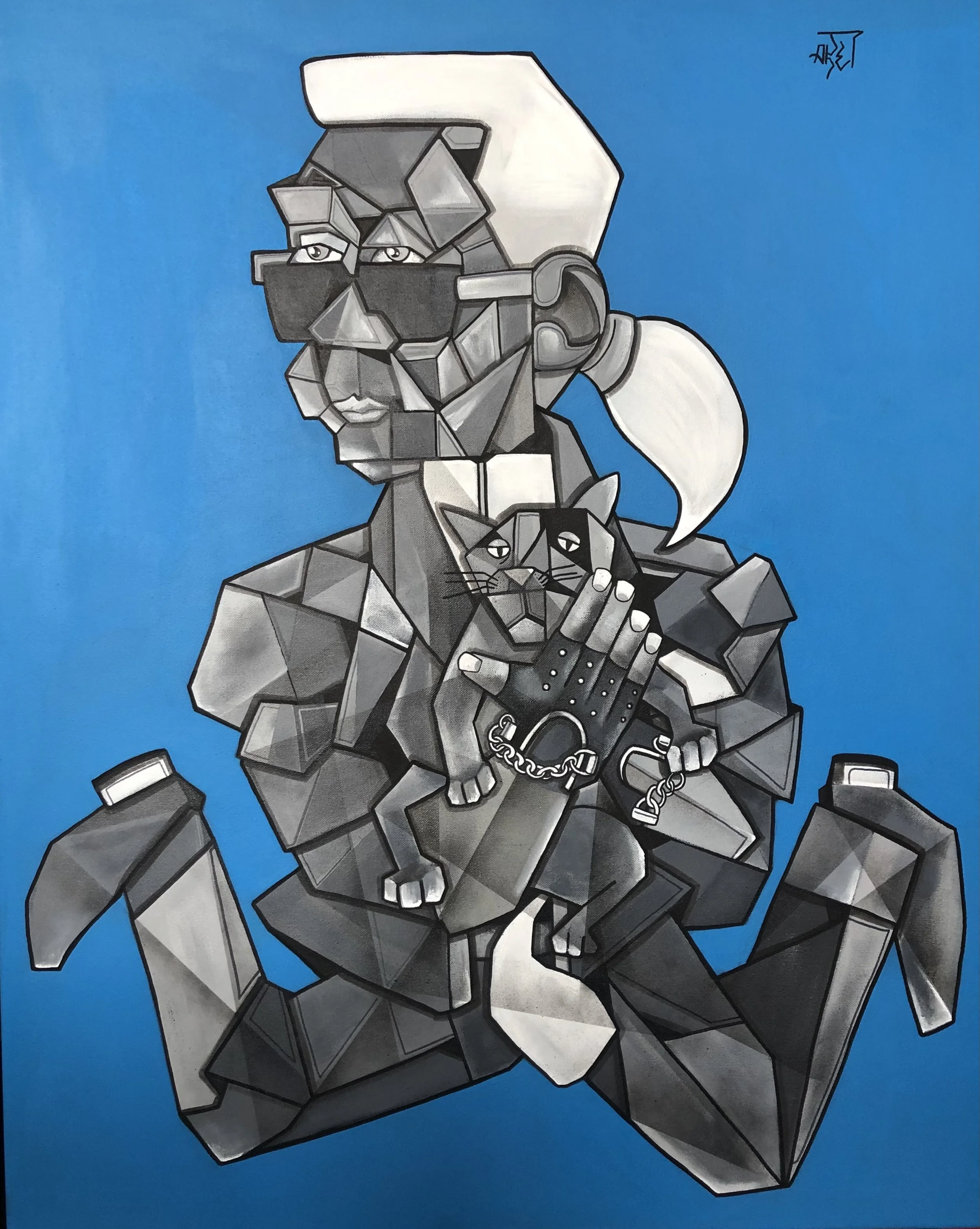 Un portrait géométrique en noir, blanc et gris d'une femme portant des lunettes de soleil et une jeune fille dans ses bras, avec un chat noir. Arrière-plan bleu.