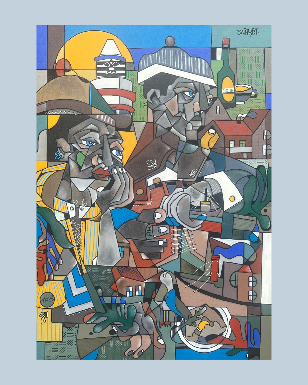 Une peinture cubiste représentant deux personnes, un homme et une femme, avec des éléments de paysage urbain en arrière-plan, comprenant des maisons, des bouteilles et des objets divers.