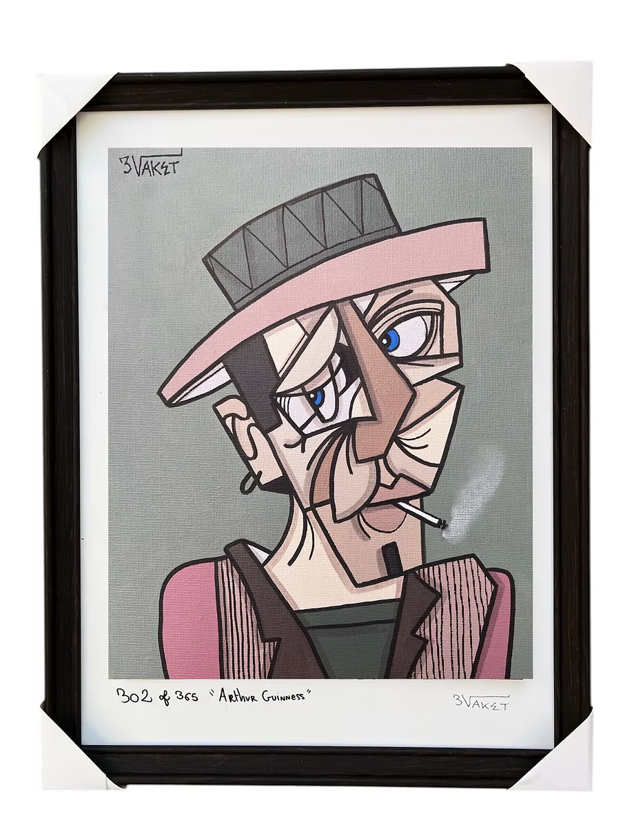 Dessin caricatural d'un homme avec un chapeau, une cigarette à la bouche, des sourcils épais, une moustache et une expression mélancolique ou fatiguée, dans un style artistique contemporain.