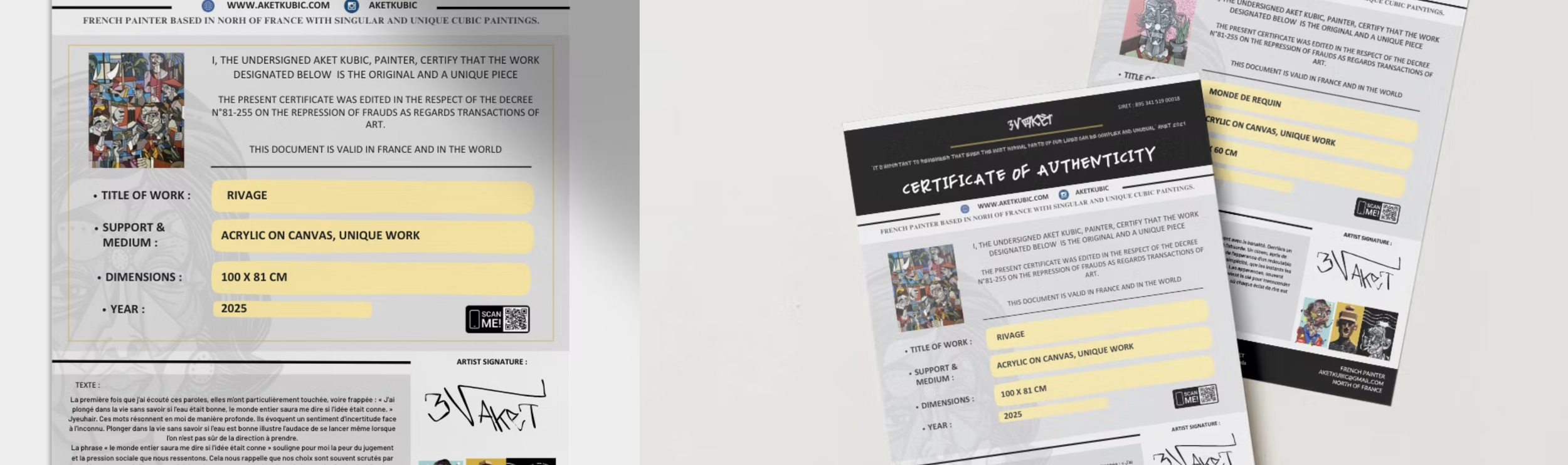 ​​CONDITIONS D’OBTENTION D’UN CERTIFICAT D’UNE ŒUVRE DE L’ARTISTE AKET KUBIC