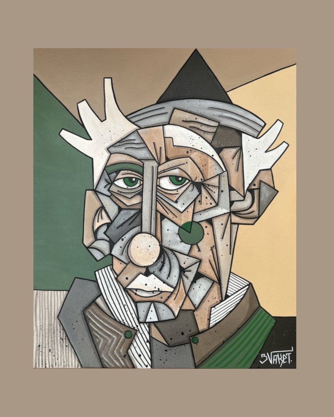 Peinture abstraite d'un vieil homme avec des traits cubistes, portant un chapeau noir et une veste à rayures, avec fond coloré en beige, vert et marron.
