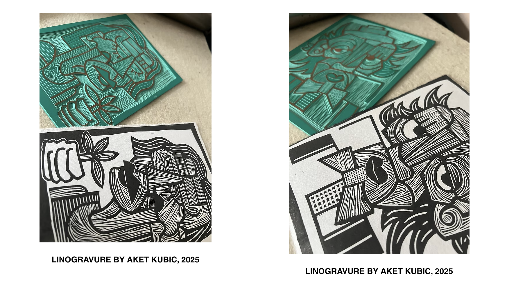 Deux œuvres de linogravure réalisées par Aket Kubic en 2025, une en couleur verte et une en noir et blanc, représentant des motifs abstraits et stylisés.