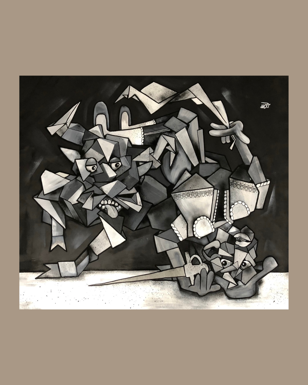 Peinture murale en style cubiste représentant une scène comique avec un creature à la tête de chien et une figure humaine. La scène semble être un désordre avec des formes géométriques, des objets comme une lanterne, une spatule, et un pinceau. La pa