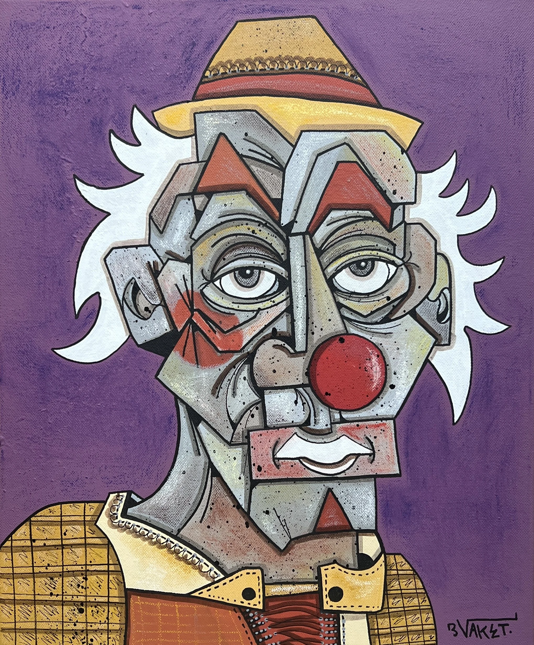 Un portrait peint d'un clown, représenté dans un style abstrait avec des formes géométriques. Le clown porte un chapeau, a un nez rouge, et des cheveux blancs. Le fond est violet.