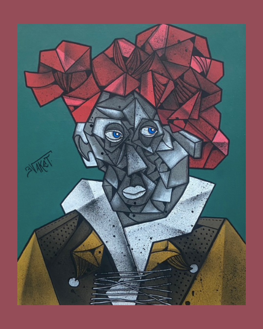 Portrait d'une femme stylisée avec des formes géométriques, cheveux roux en volutes, face en gris, yeux bleus, vêtement marron avec détails blancs et noirs.