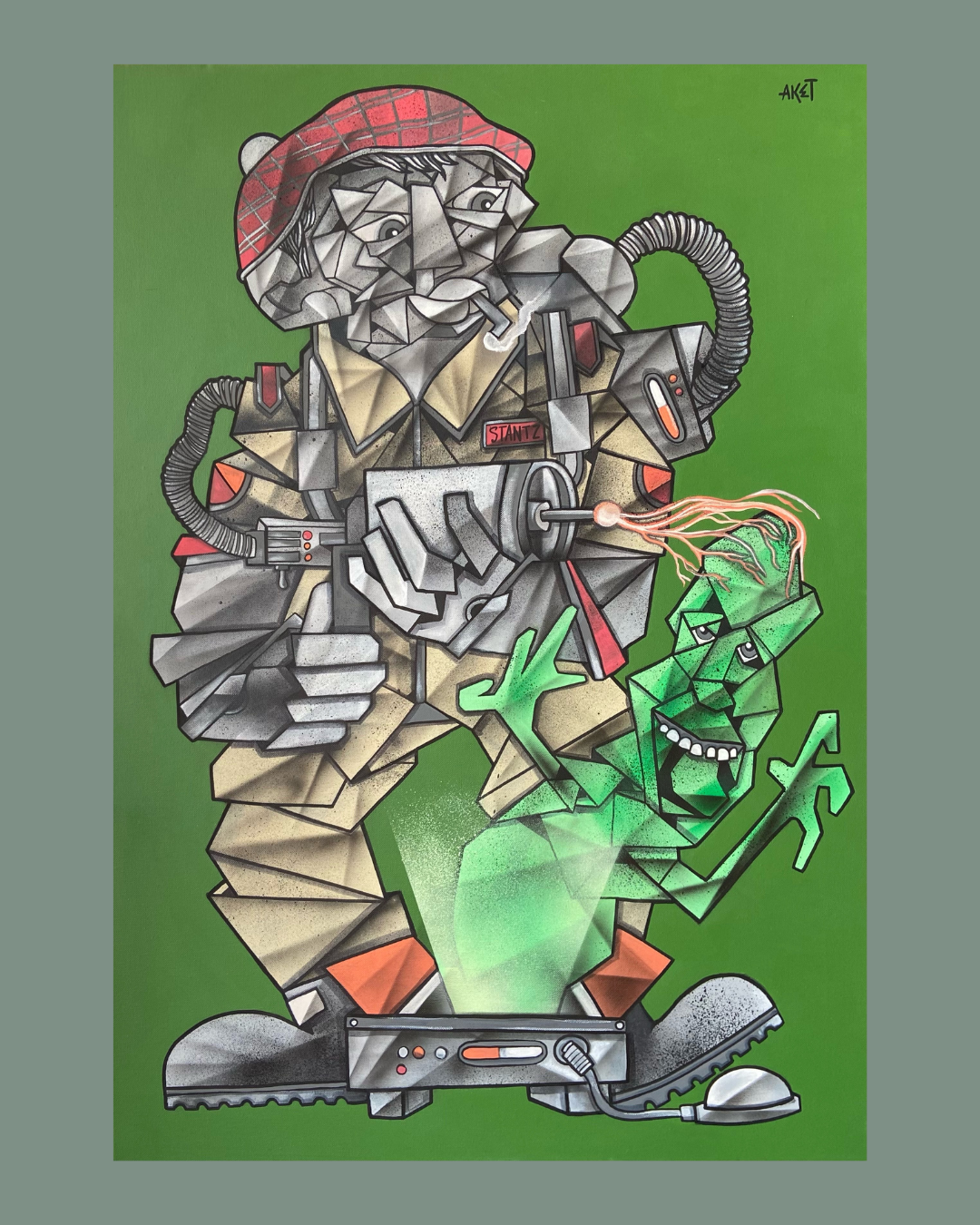 Une œuvre d'art de style graffiti représentant un homme en tenue de travail avec un casque en tartan, utilisant une machine qui projette de la lumière verte, avec un chien vert à ses côtés, tous deux dessinés dans un style cubiste sur un fond vert.