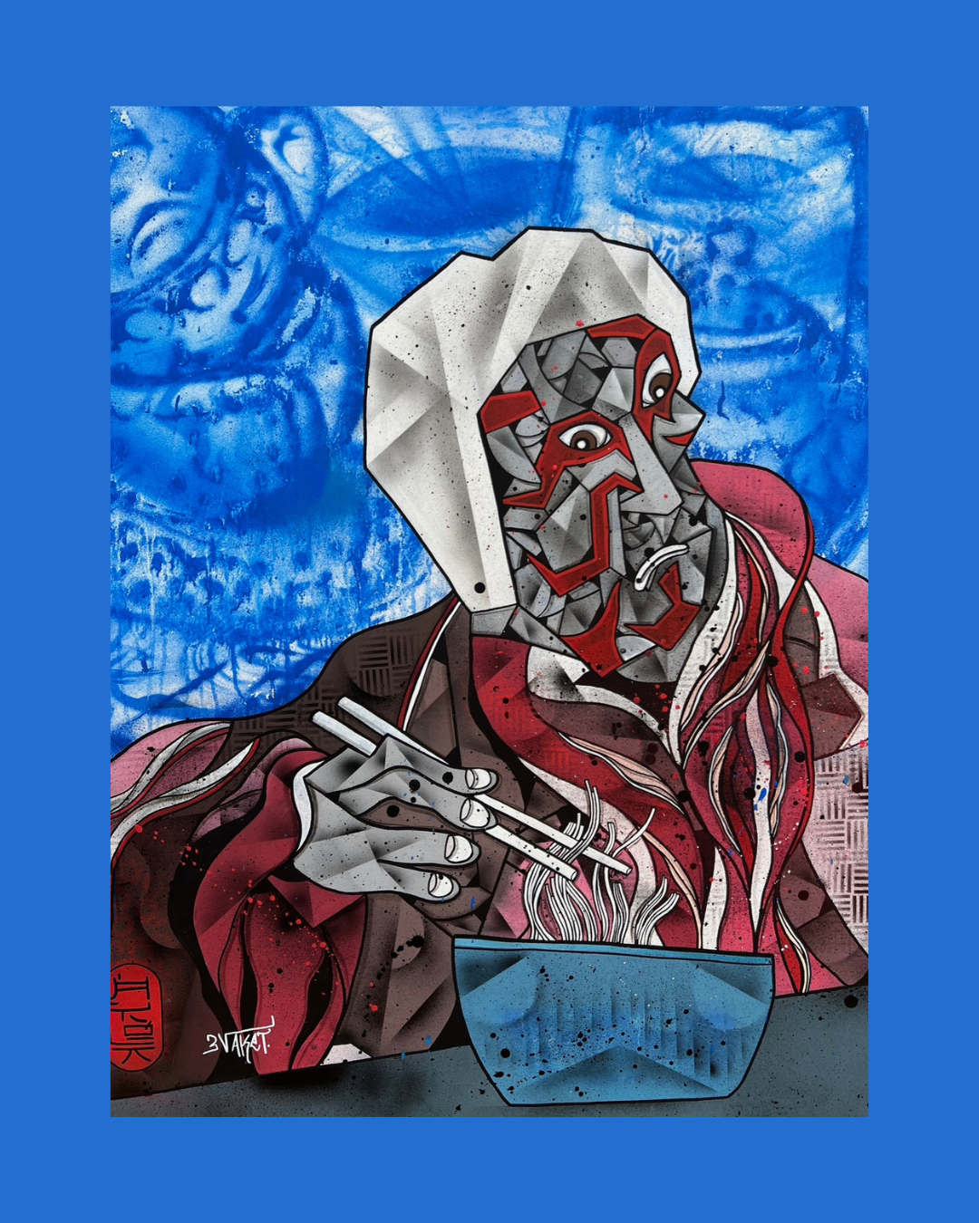 Une œuvre d'art de style graffiti représentant une personne avec un masque de théâtre et une tête de peinture blanche, mangeant des nouilles avec des baguettes, avec un fond bleu et une autre tête en arrière-plan.