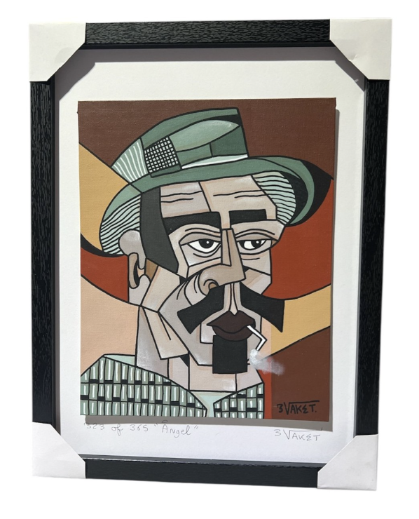 Une œuvre d'art représentant un homme avec un chapeau, une moustache épaisse, et une cigarette. Style cubiste, signé "3 VAKE".