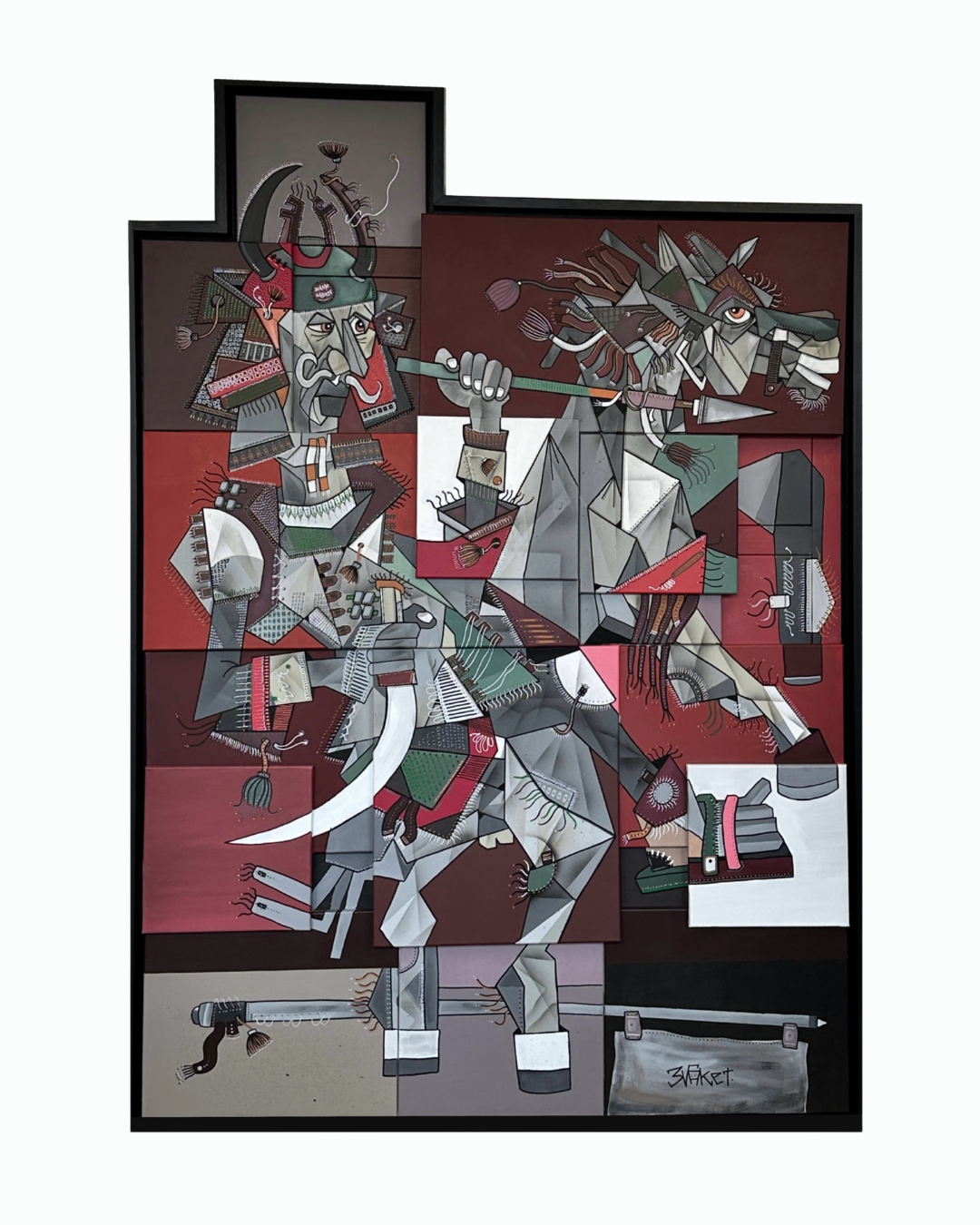 Une peinture cubiste représentant un homme en armure avec un casque à cornes, tenant une lance avec un cheval à ses côtés.