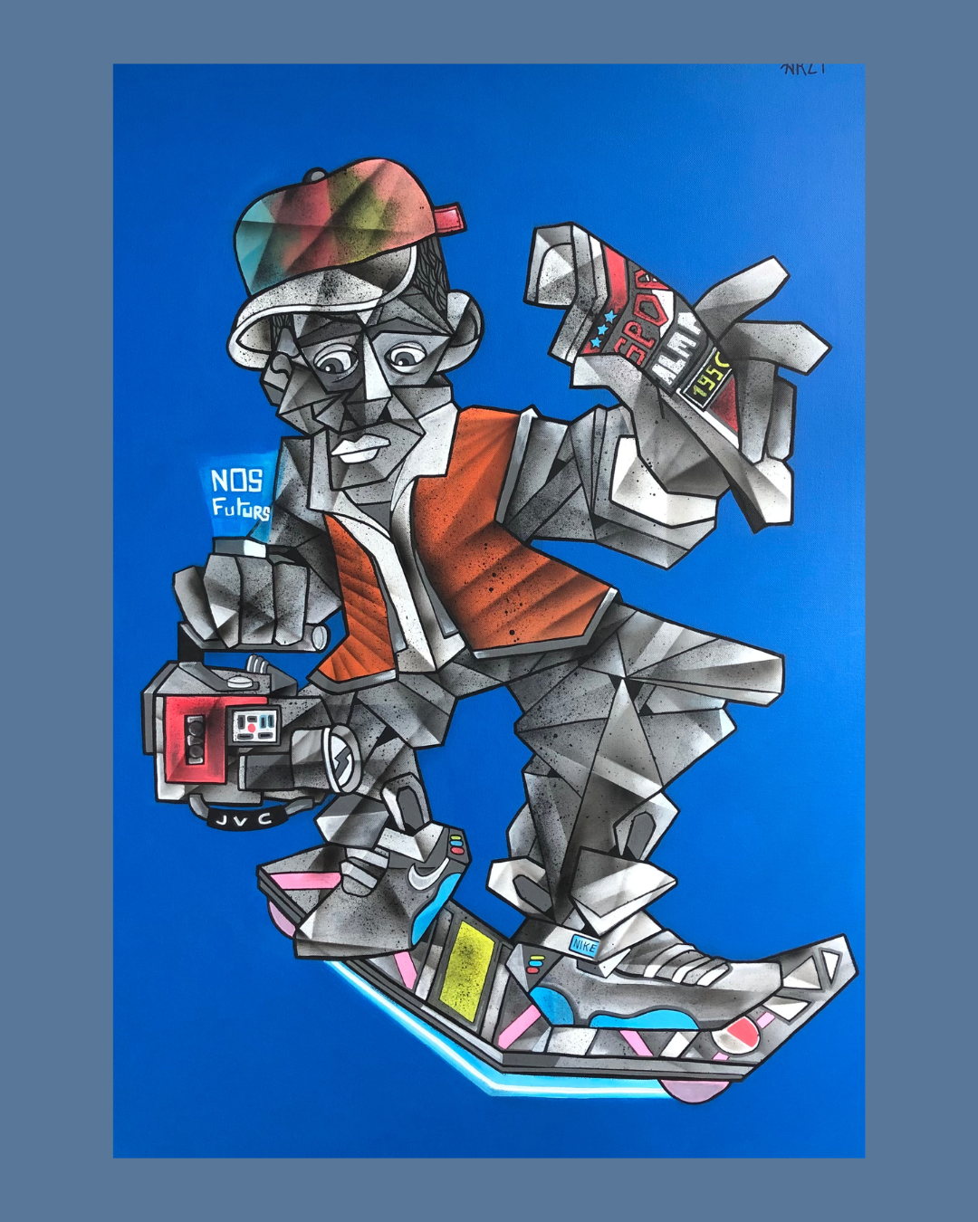 Graffiti représentant un personnage avec casque et casquette, en skate, portant divers objets technologiques, avec le texte 'NOS Futurs' en bleu.