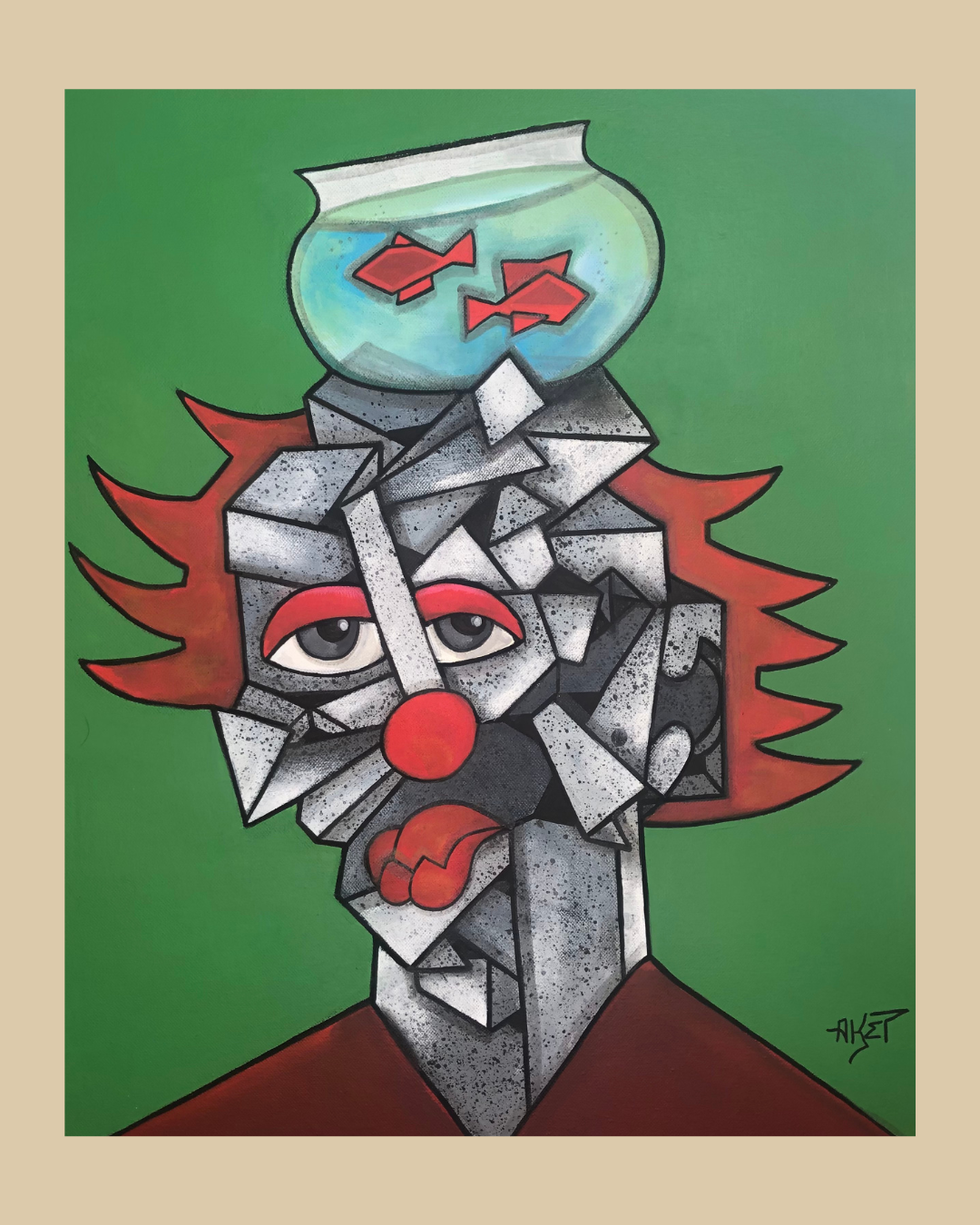 Peinture de style cubiste représentant un clown avec une tête composée de blocs, un nez rouge, une bouche triste et un fishbowl avec des poissons rouges sur la tête, fond vert, signature 'AKET' en bas à droite.