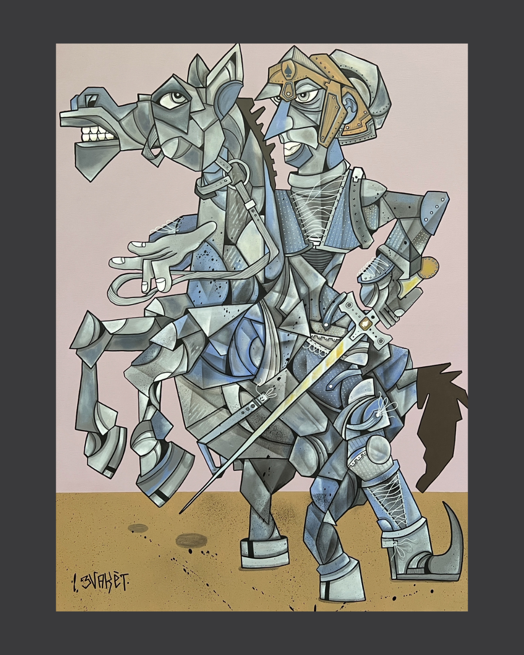 Une peinture de style cubiste représentant un chevalier en armure avec une épée, portant un casque et un bouclier, à côté d'un cheval, tous deux stylisés avec des formes géométriques et des couleurs principalement en gris, bleu et beige.