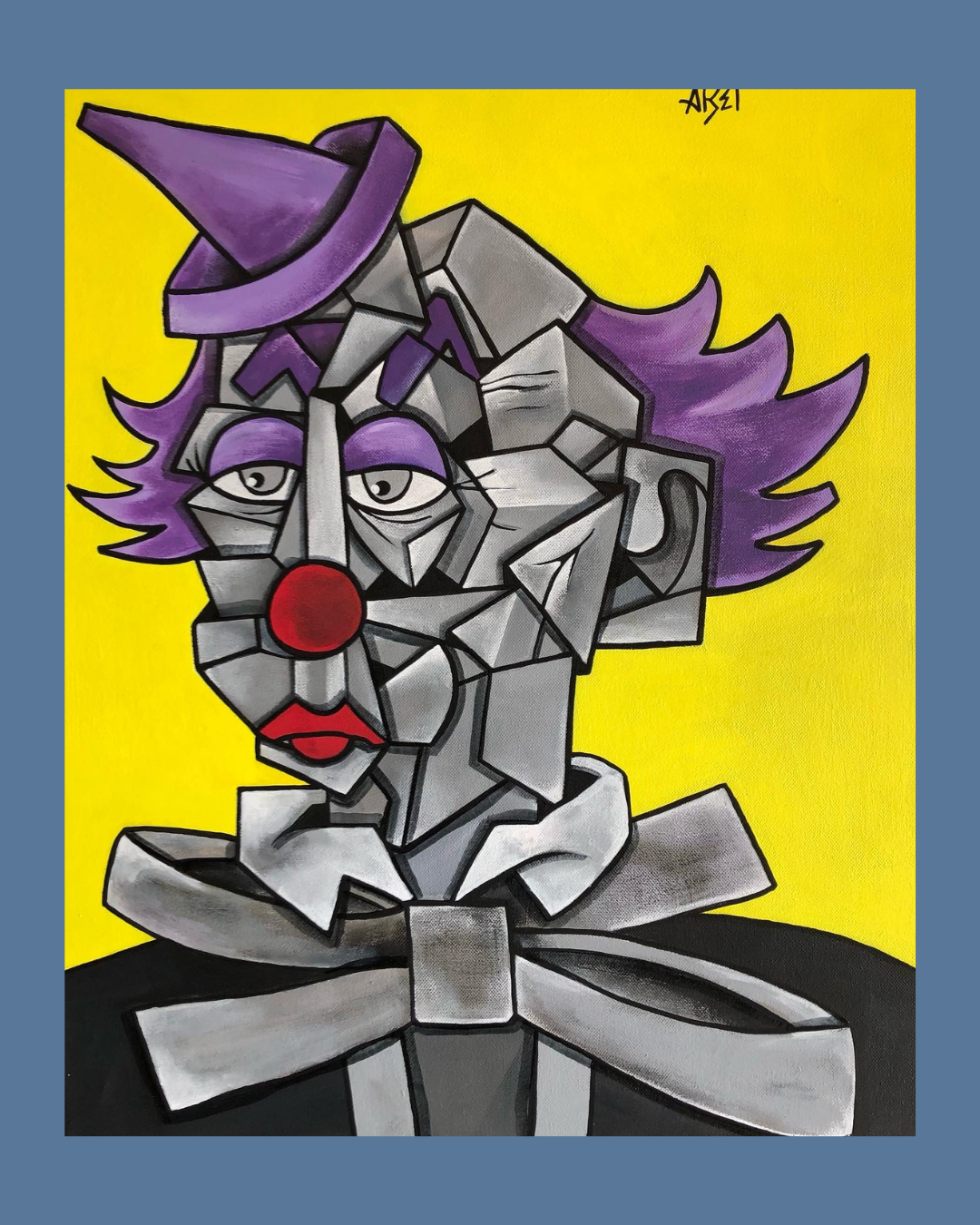 Portrait de clown cubiste avec une casquette violette, un nez rouge, une bouche rouge, un visage en forme de triangles et de fragments géométriques, fond jaune.
