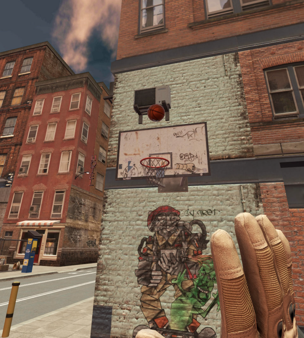 Un mur en brique avec une peinture graffitié représentant un personnage avec une arme et un dragon vert, un panneau de basketball avec un ballon de basket en l'air, un bâtiment en arrière-plan avec un hôtel